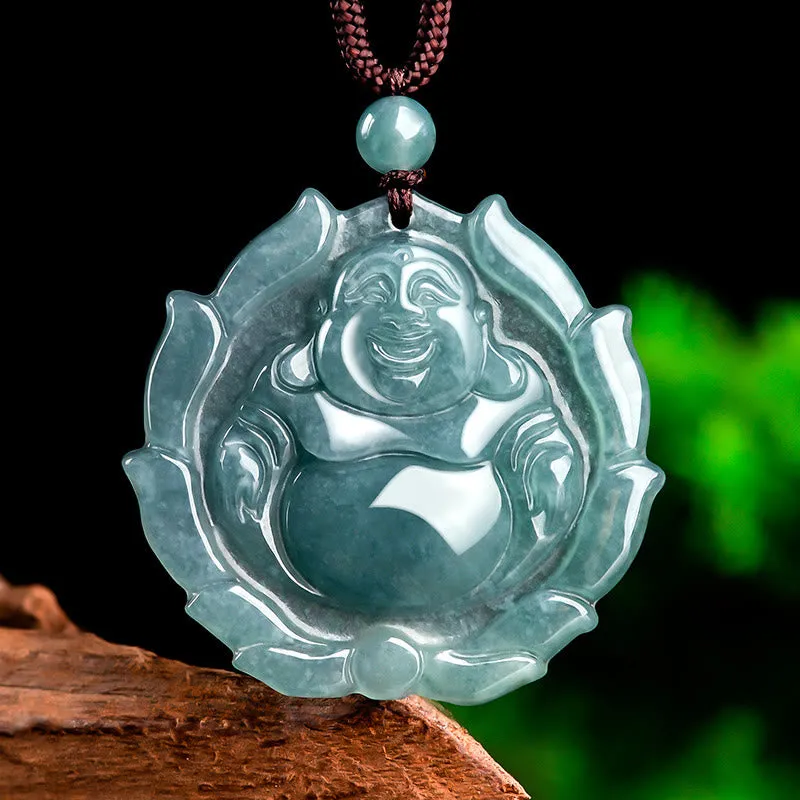 Buddha Stones pendentif porte-bonheur en jade naturel avec motif de lotus et de Bouddha rieur