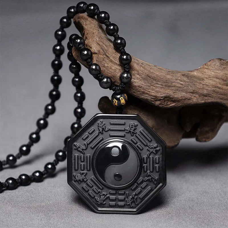 Collier pendentif Yin Yang en pierre d'obsidienne noire Buddha Stones
