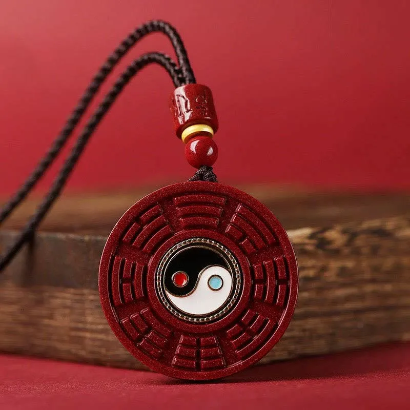 Collier pendentif rotatif en Buddha Stones en cinabre naturel Bagua Yin Yang pour éloigner les mauvais esprits