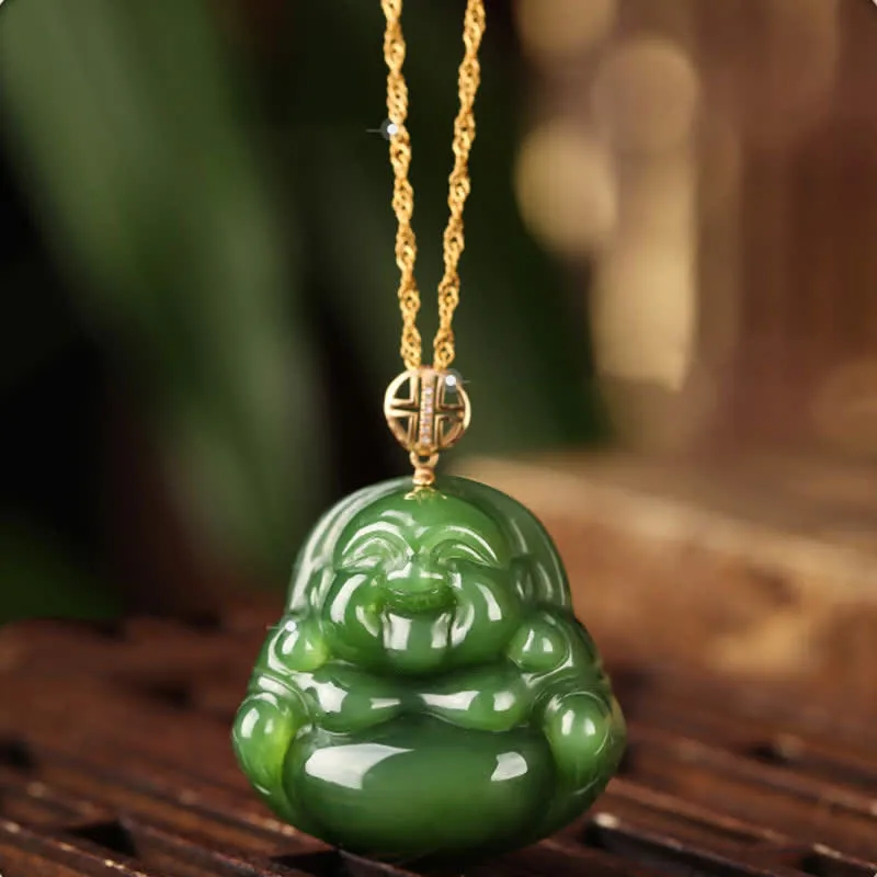Collier avec pendentif en argent sterling 925 et jade cyan Hetian en or 18 carats avec chaîne et bouddha rieur