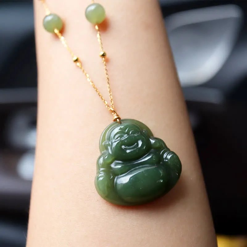 Collier porte-bonheur en jade Hetian avec pendentif en forme de Bouddha rieur