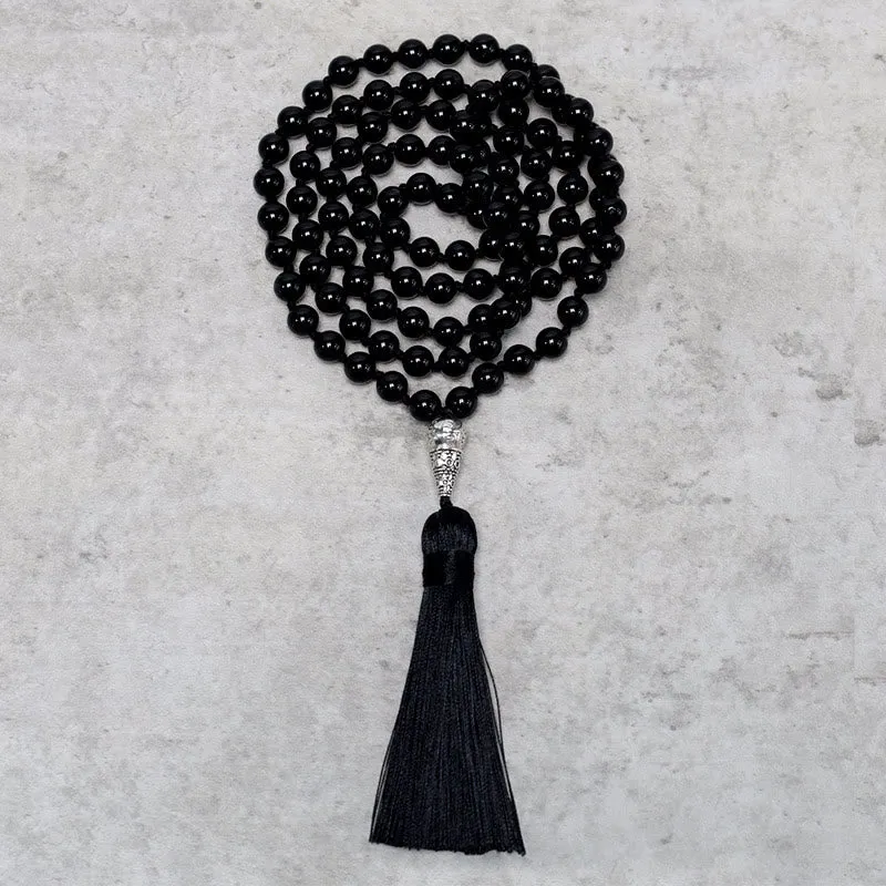 Collier de perles de prière de méditation de yoga en perles d'onyx noir de 108 Buddha Stones