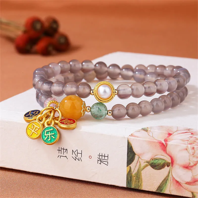 Bracelet double tour en agate grise naturelle avec breloque paix et joie et Buddha Stones