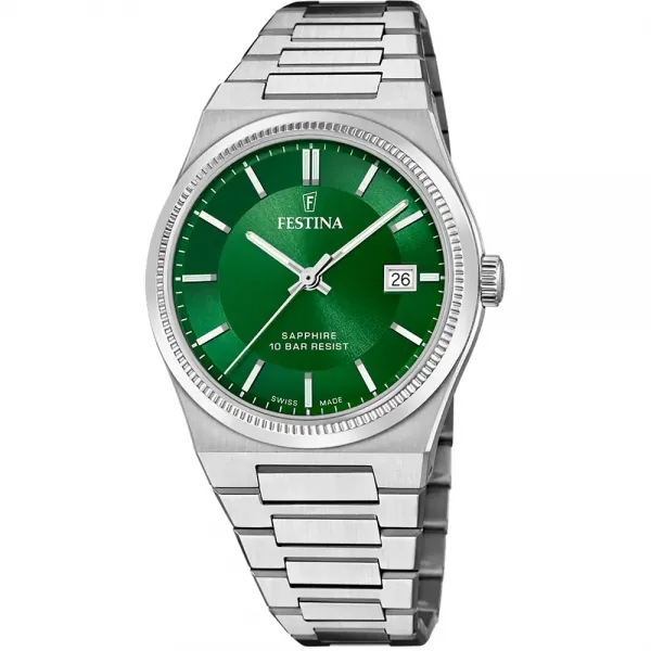 Festina - Montre Homme Swiss Made - Cadran vert - Bracelet acier - Ref F20034/3