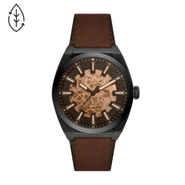 Fossil - Montre Homme - Automatique Everett - Boitier Acier PVD Noir - Bracelet Cuir Marron - Ref ME3207