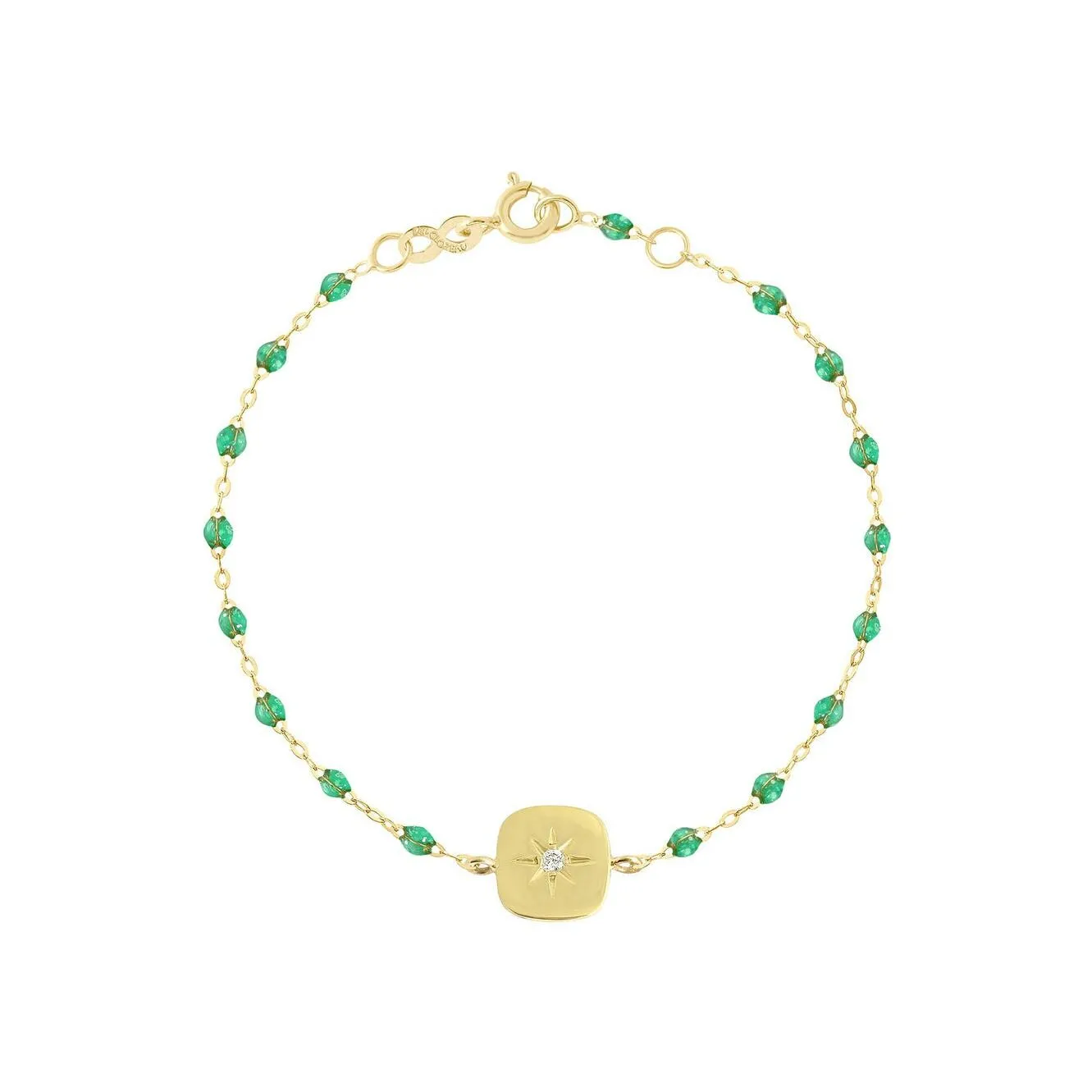 Bracelet Gigi Clozeau Miss Gigi en or jaune, résine menthe et diamants, taille 17cm