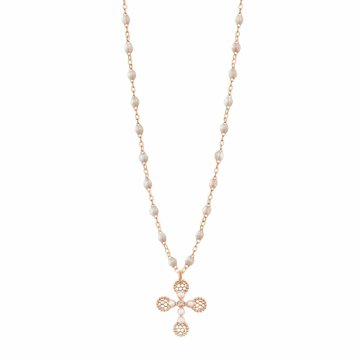 Achat Collier Gigi Clozeau Croix Dentelle en or rose, résine opale et diamant, 42cm