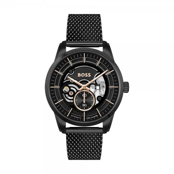 Hugo Boss - Montre Homme - Sophio Auto - Mech-Automatic - Cadran Noir - Bracelet Acier Maille Milanaise - Ref 1514035