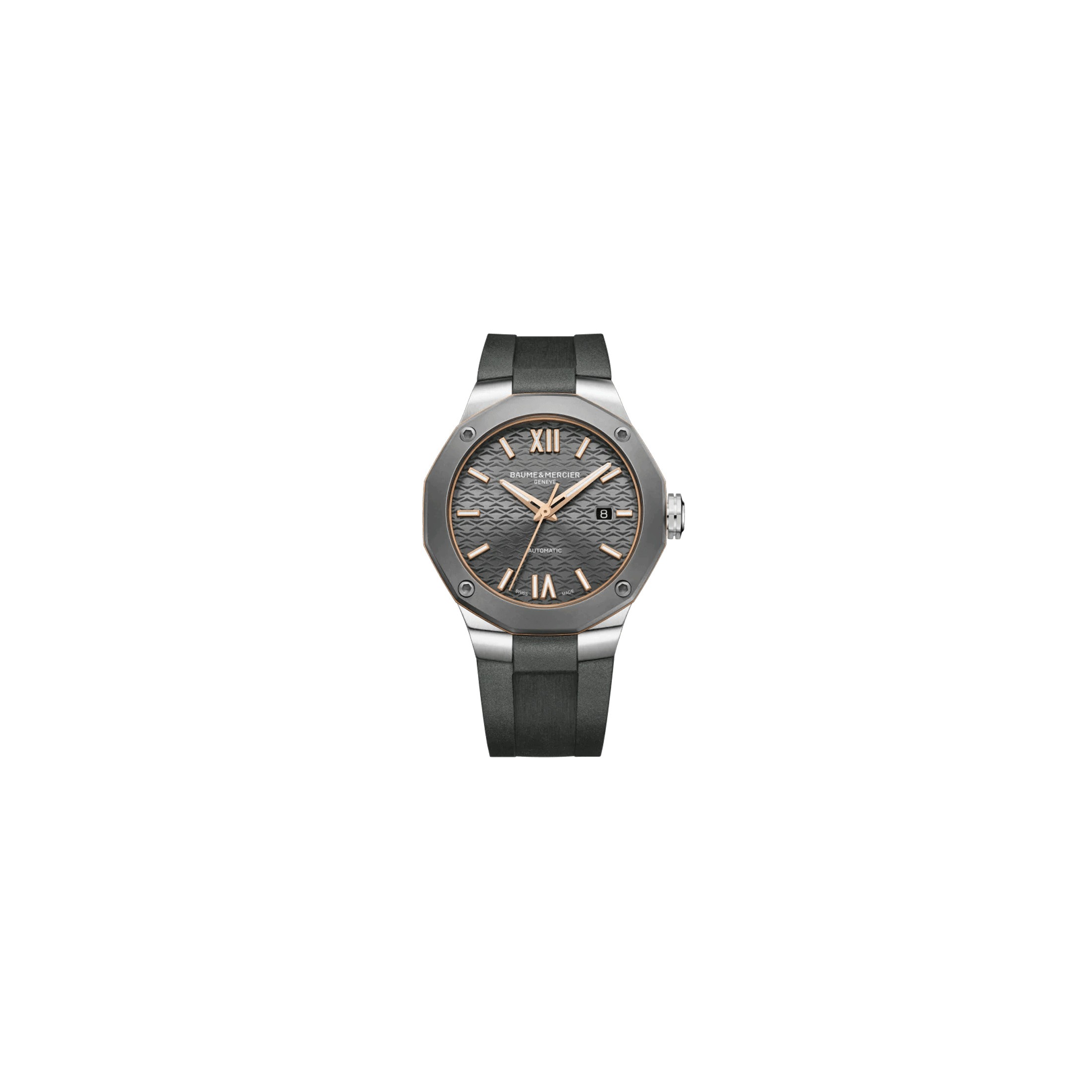 Montre Baume et Mercier Riviera automatique cadran gris bracelet caoutchouc gris 42 mm