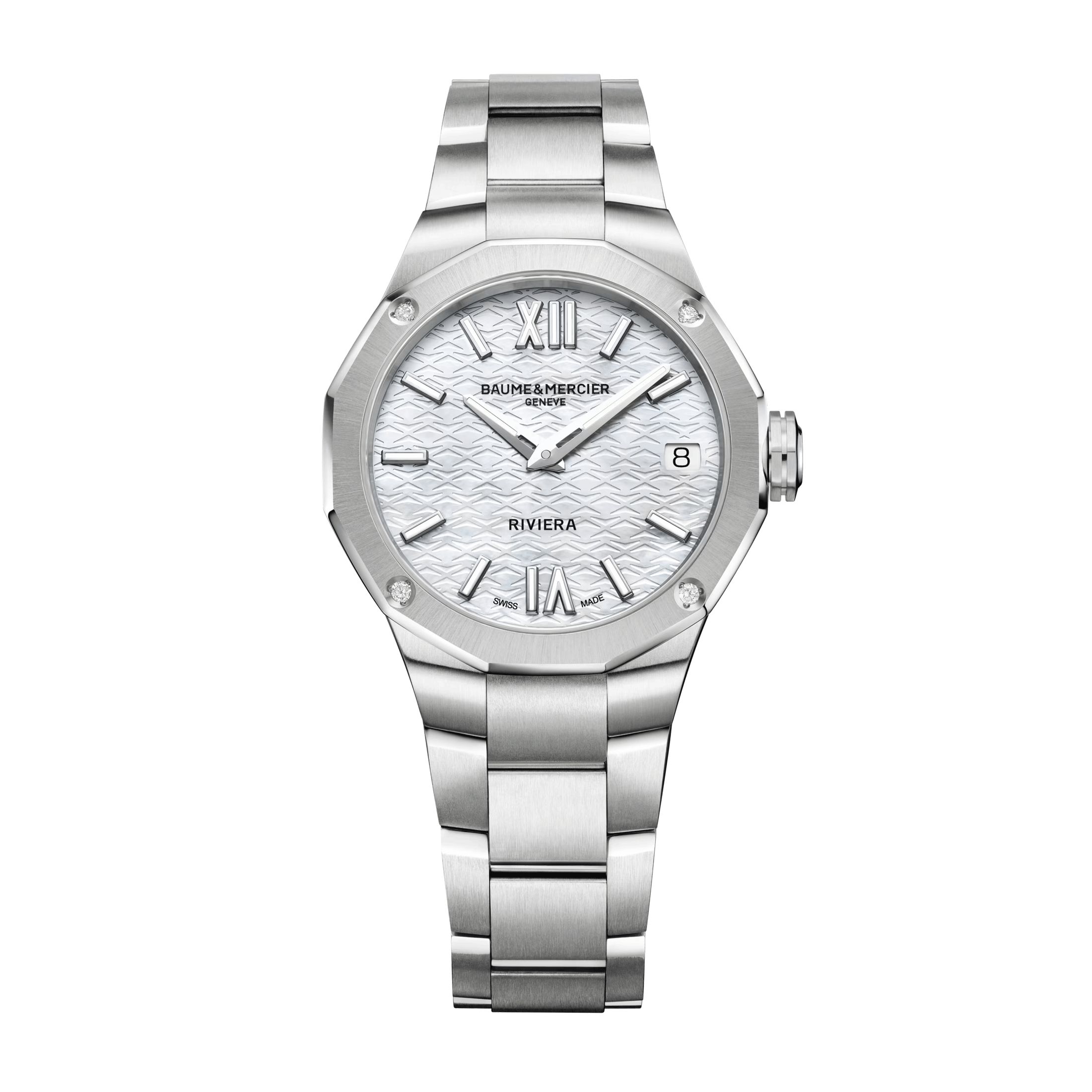 Montre Baume et Mercier Riviera Diamants quartz cadran blanc bracelet acier 33 mm