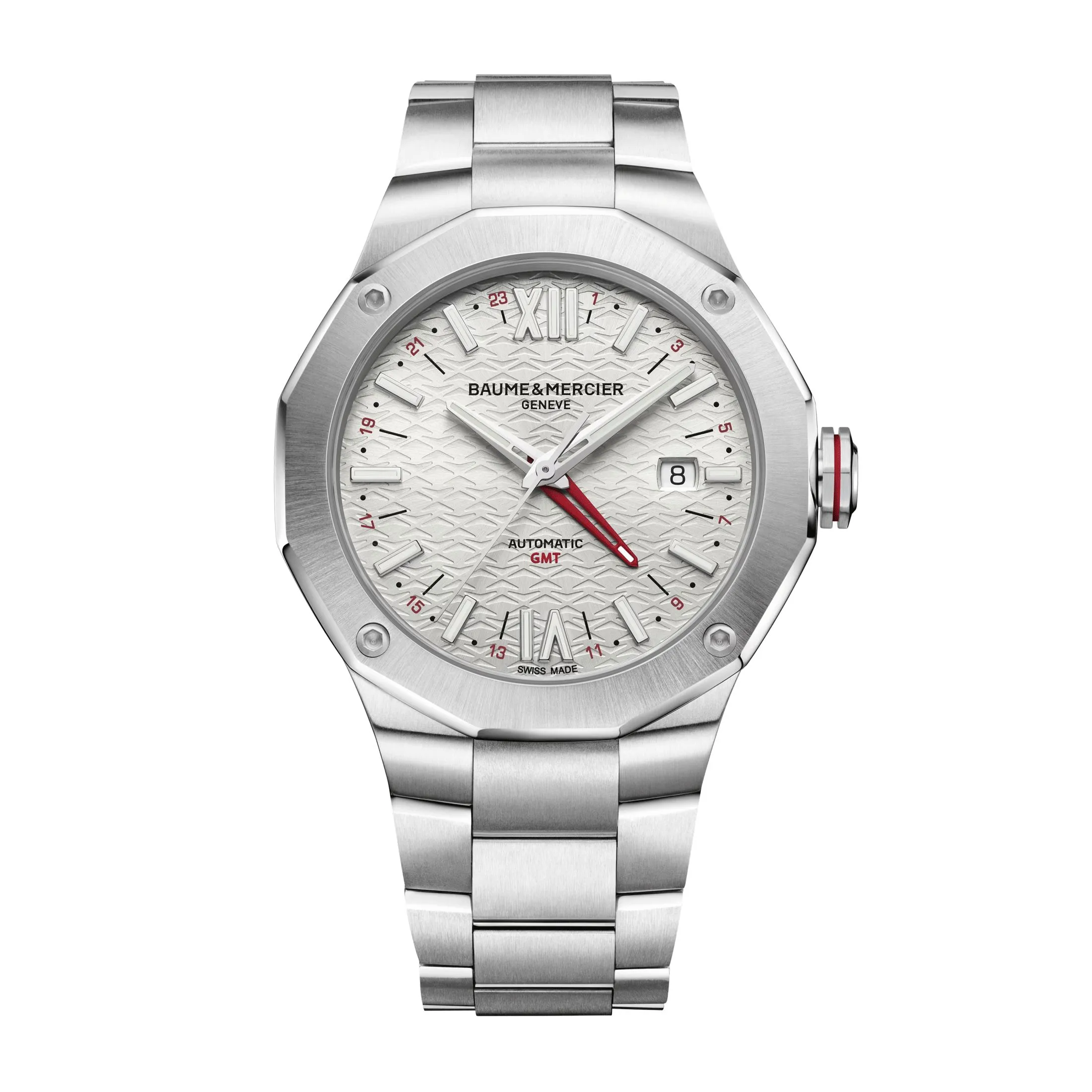 Montre Baume et Mercier Riviera GMT automatique cadran argent bracelet acier 42 mm