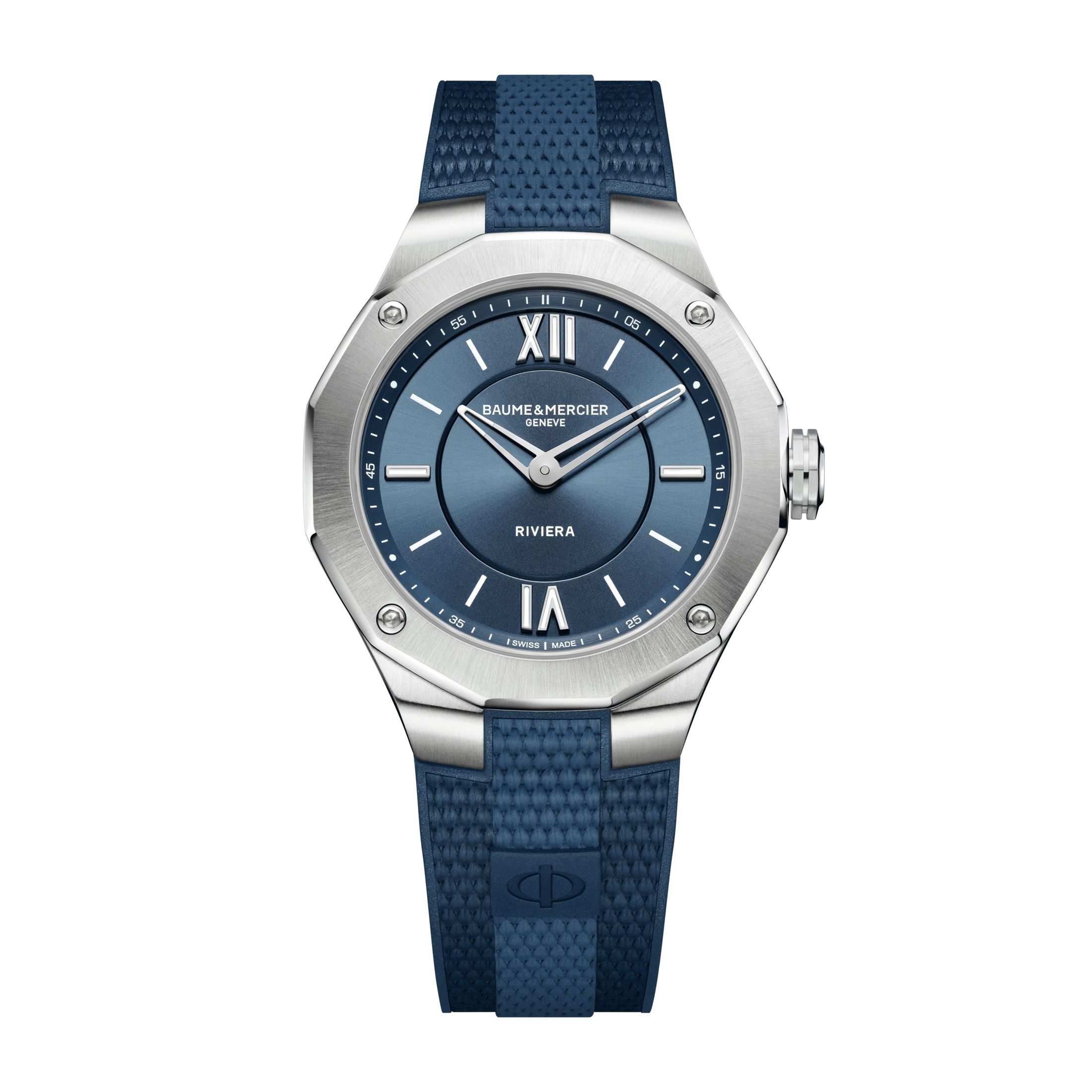 Montre Baume et Mercier Riviera quartz cadran bleu bracelet caoutchouc bleu 36 mm