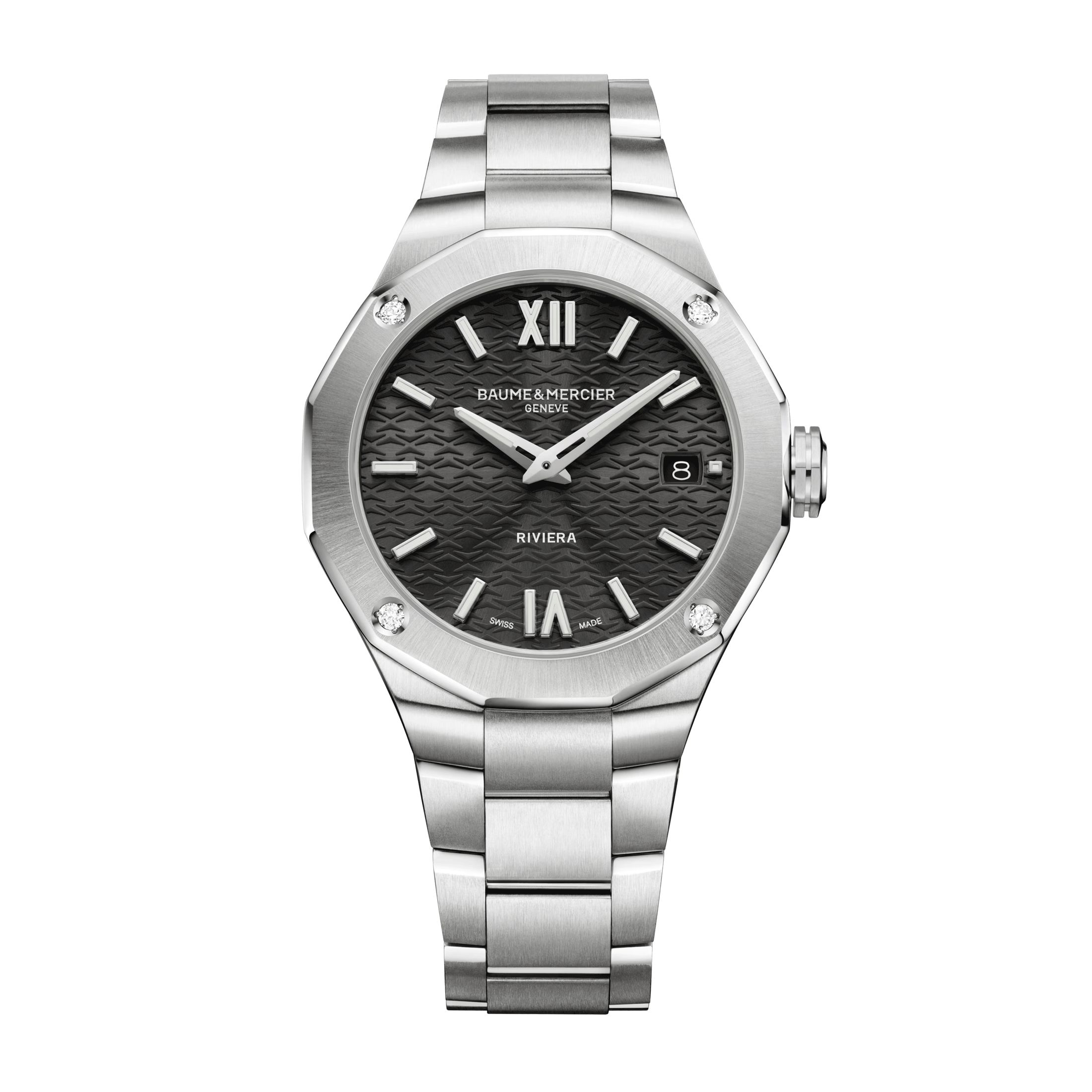 Montre Baume et Mercier Riviera quartz cadran noir bracelet acier 36 mm