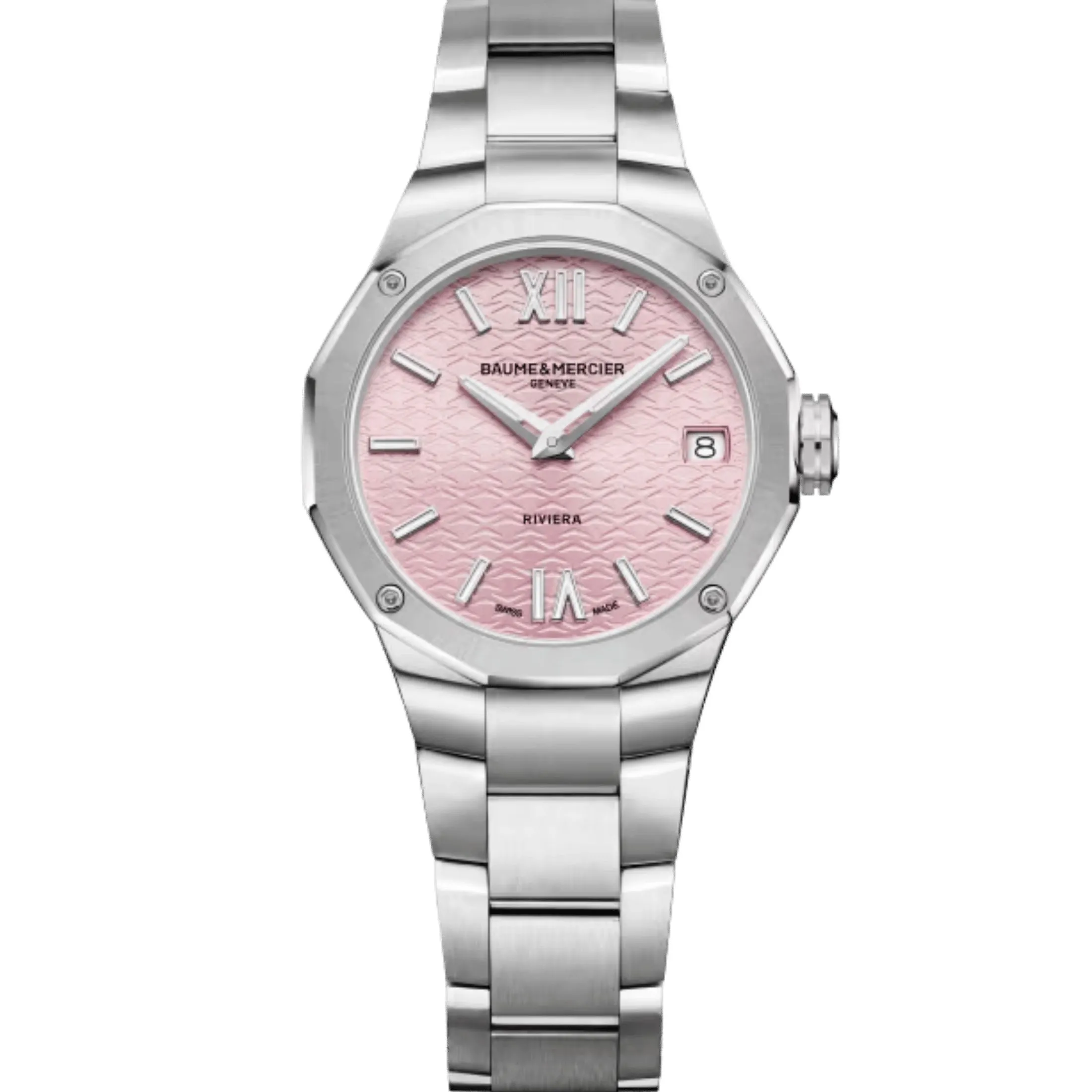 Montre Baume et Mercier Riviera quartz cadran rose bracelet acier 33 mm