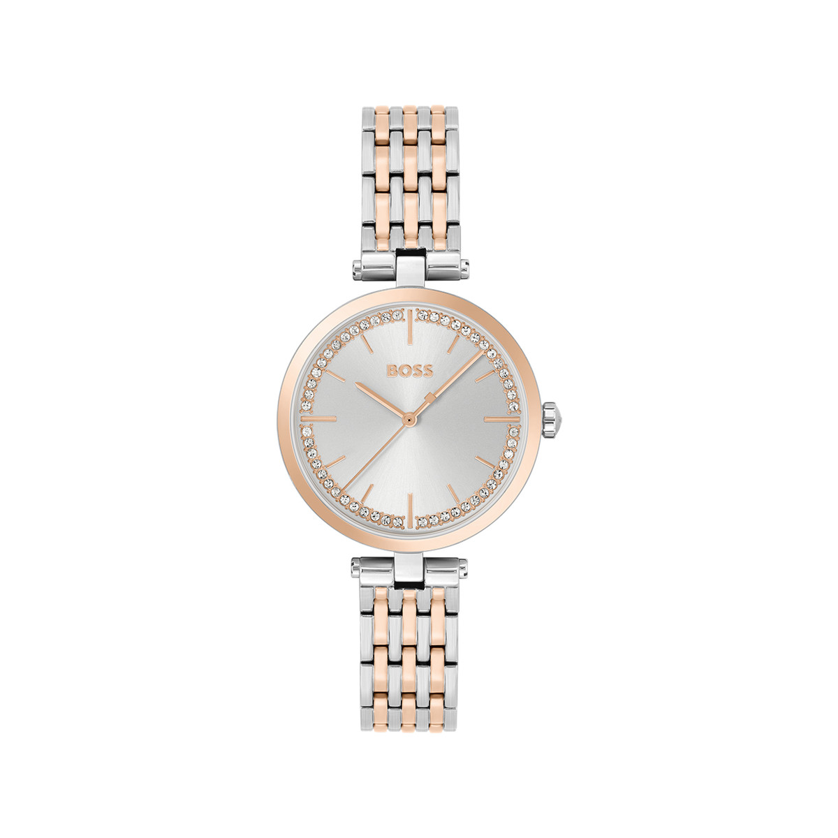 Montre BOSS business femme bracelet acier bicolore rose