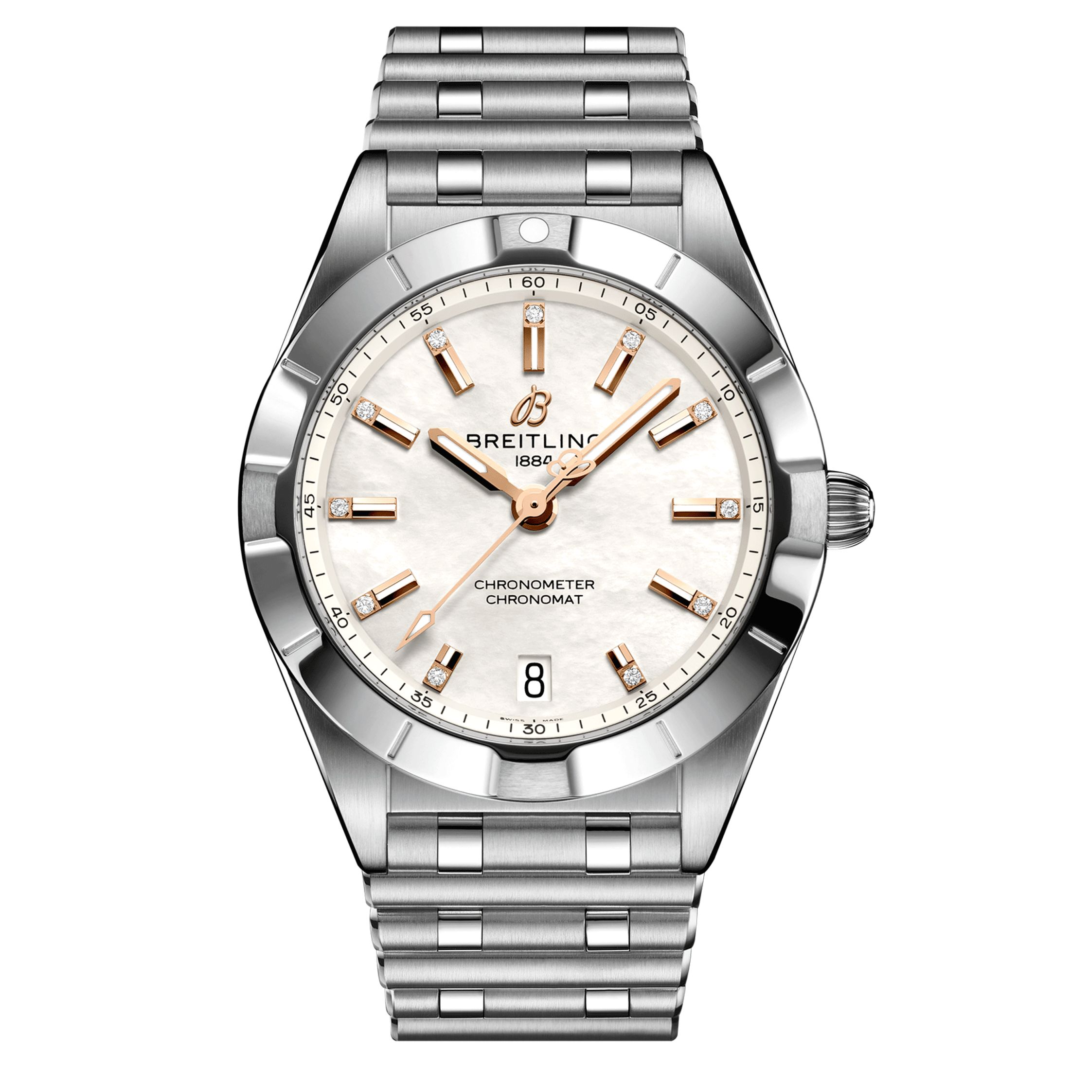 Montre Breitling Chronomat Diamants quartz cadran nacre blanche bracelet acier 32 mm