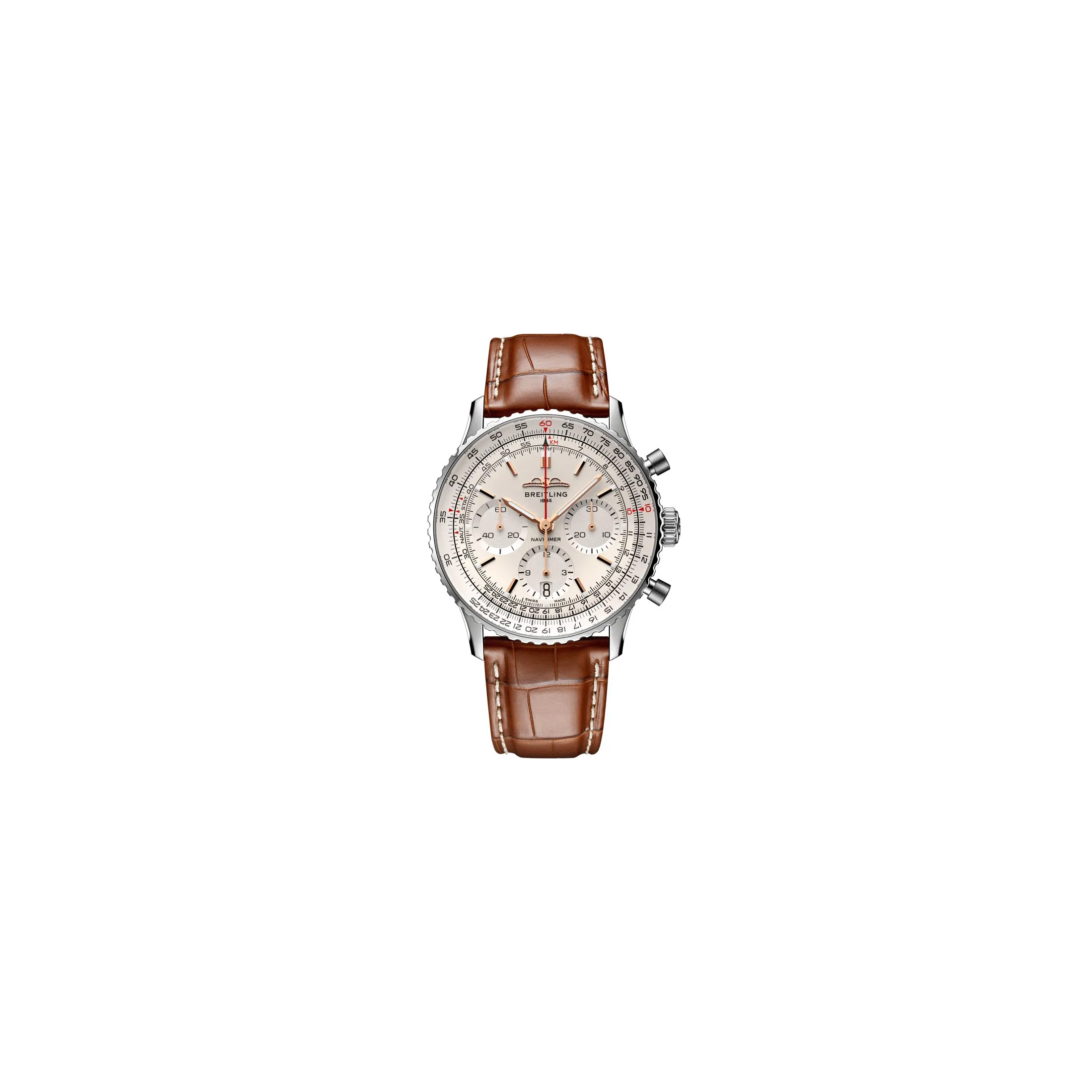 Montre Breitling Navitimer automatique B01 Chronographe cadran argent bracelet cuir marron 41 mm