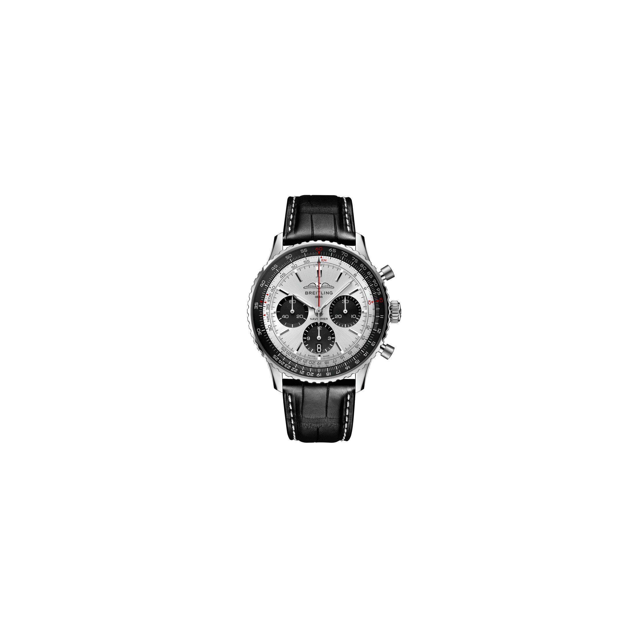 Montre Breitling Navitimer automatique B01 Chronographe cadran argent bracelet cuir noir 43 mm
