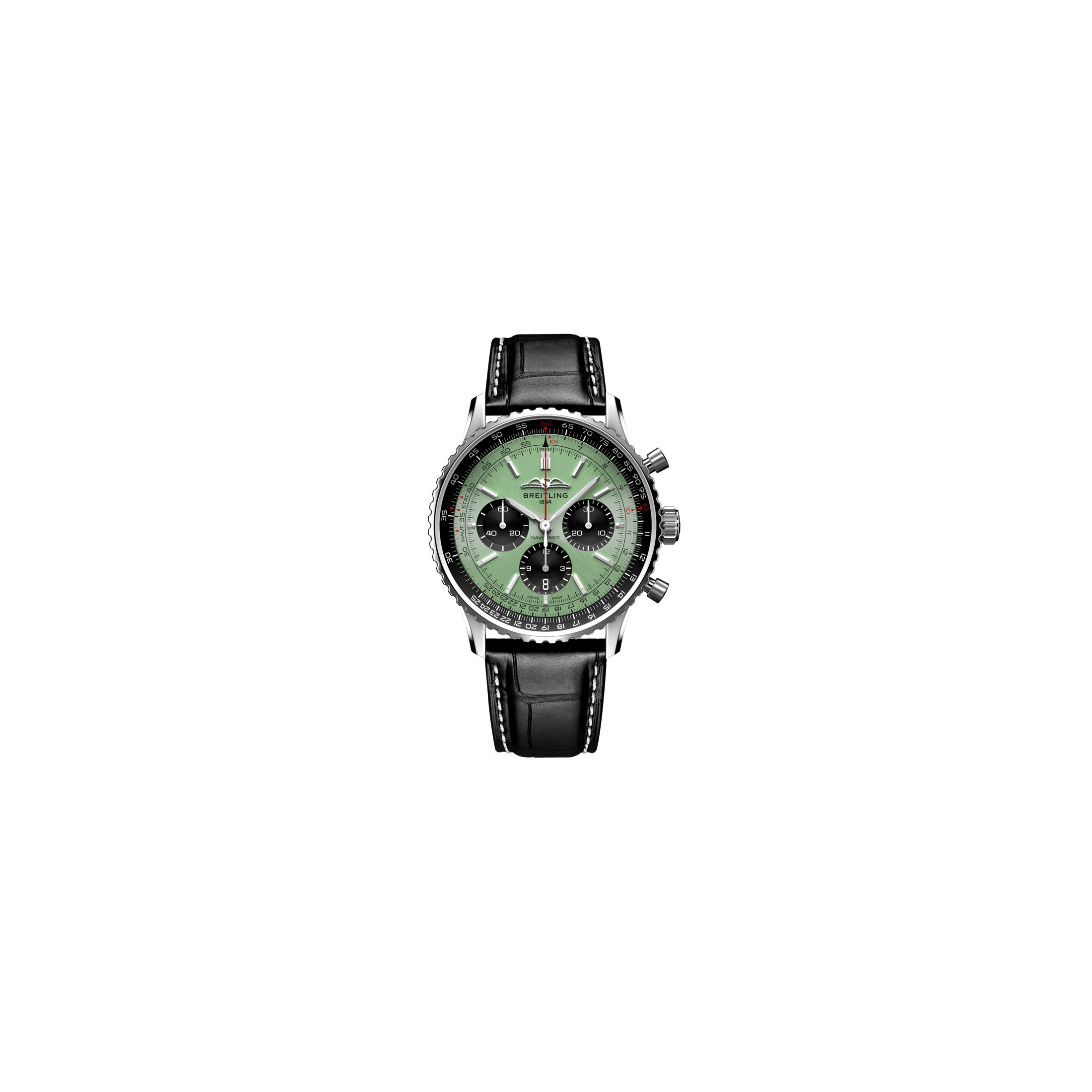 Montre Breitling Navitimer automatique B01 Chronographe cadran vert menthe bracelet cuir noir 43 mm