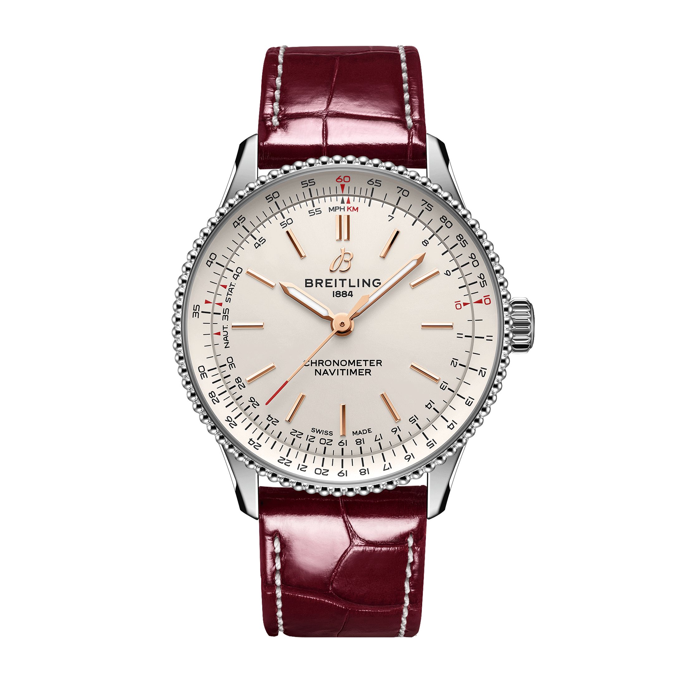 Montre Breitling Navitimer automatique cadran argent bracelet cuir bordeaux 36 mm