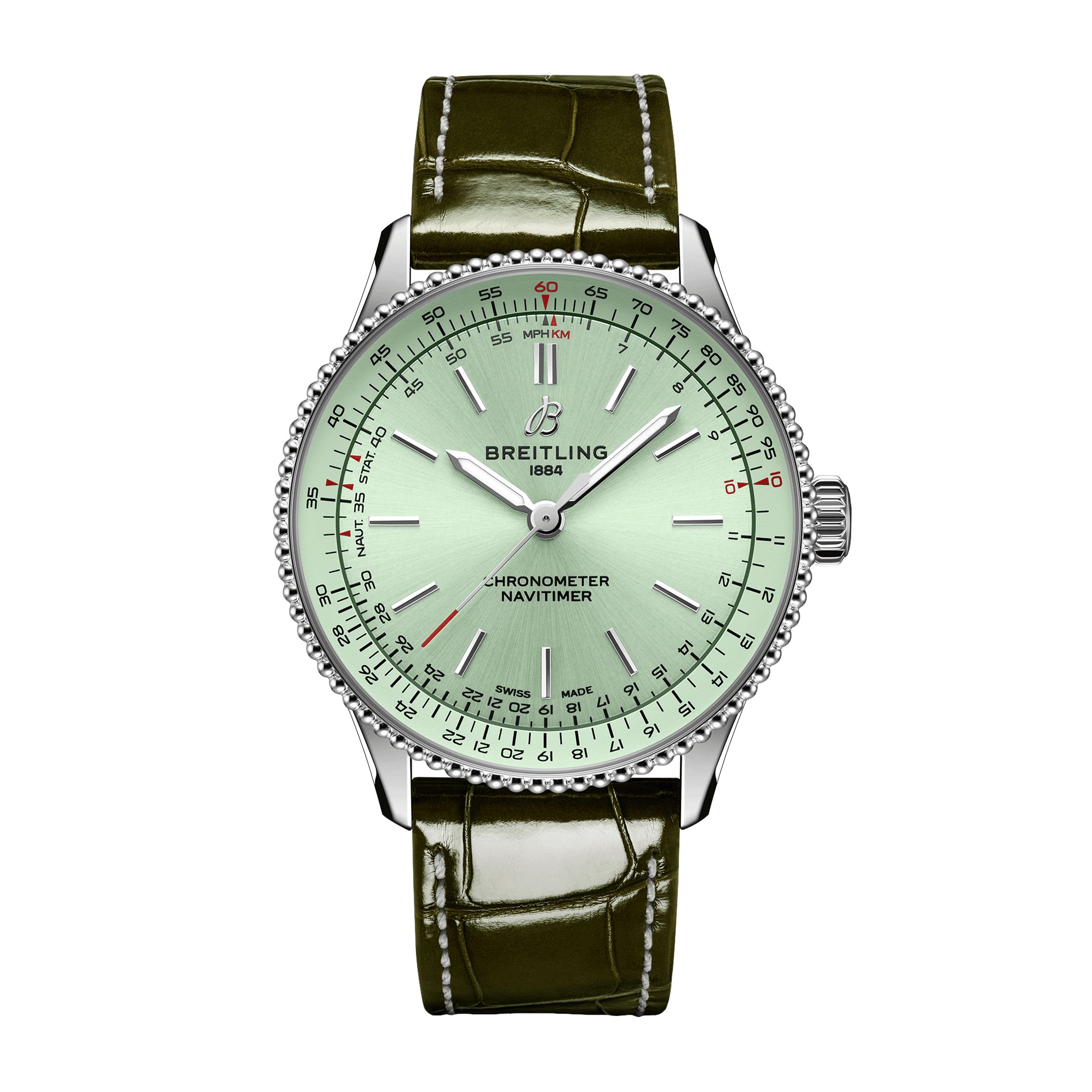 Montre Breitling Navitimer automatique cadran vert menthe bracelet cuir vert 36 mm