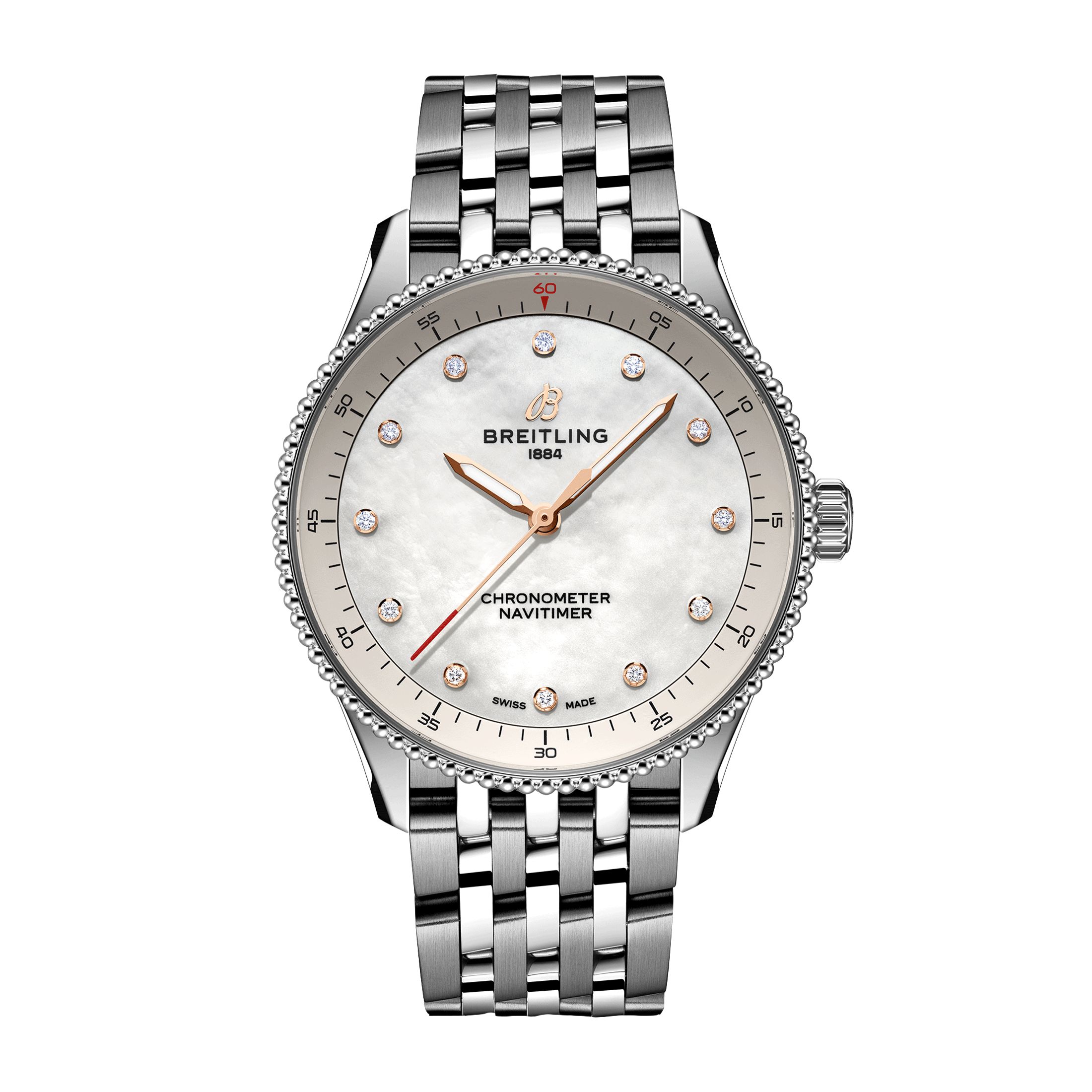 Montre Breitling Navitimer quartz index diamants cadran nacre blanche bracelet acier 32 mm