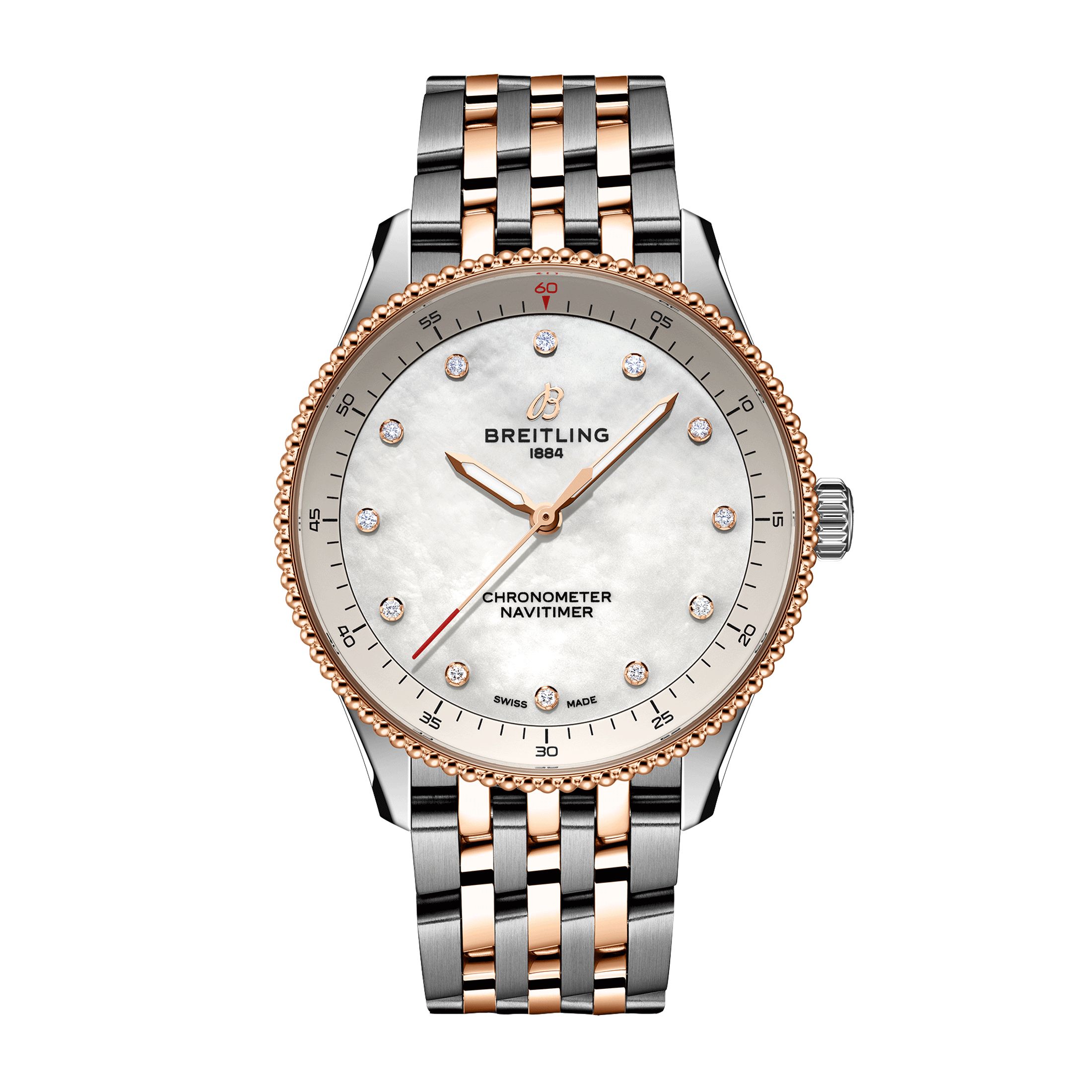 Montre Breitling Navitimer quartz index diamants cadran nacre blanche bracelet acier et or rose 32 mm