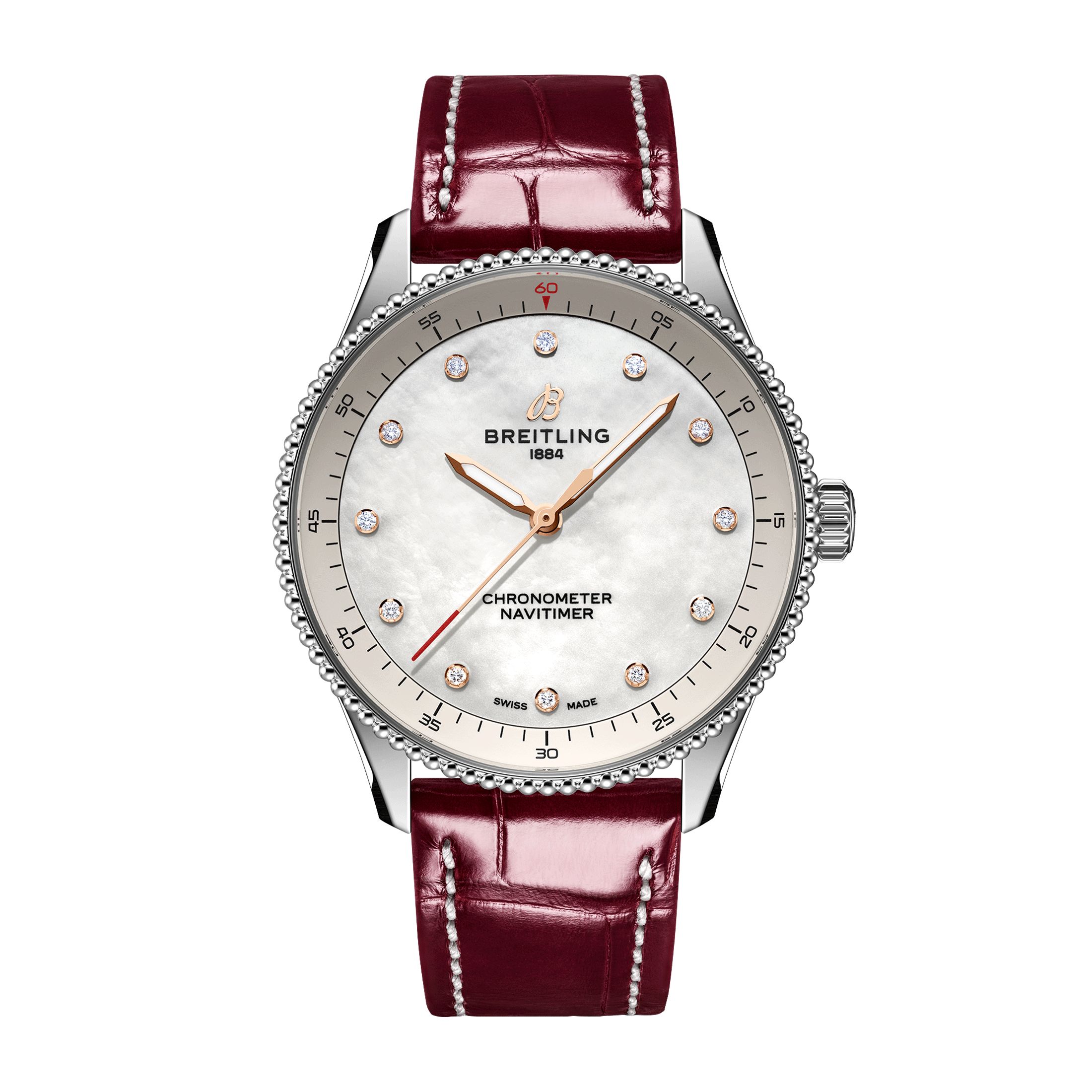 Montre Breitling Navitimer quartz index diamants cadran nacre blanche bracelet cuir bordeaux 32 mm
