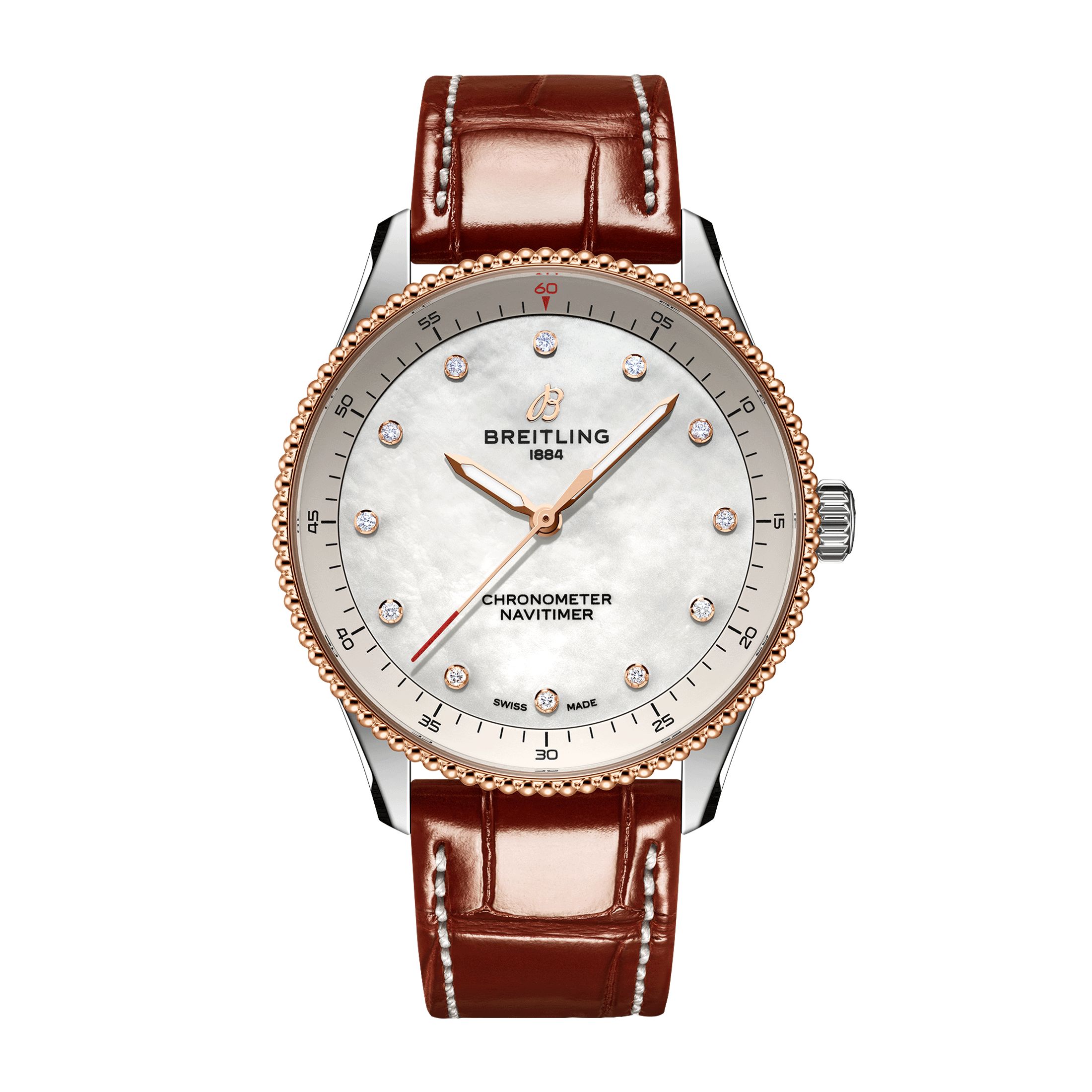 Montre Breitling Navitimer quartz index diamants cadran nacre blanche bracelet cuir marron 32 mm
