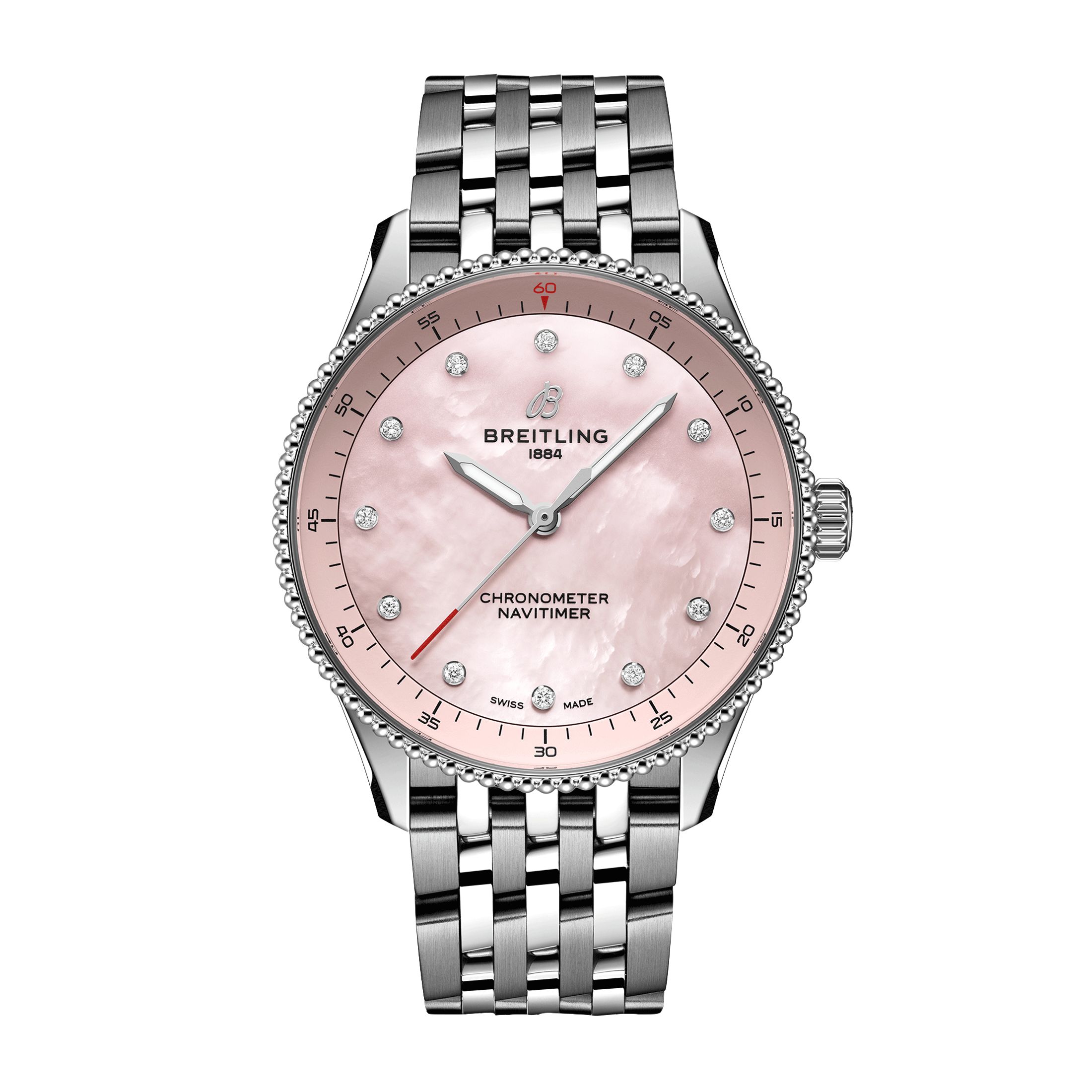 Montre Breitling Navitimer quartz index diamants cadran nacre rose bracelet acier 32 mm
