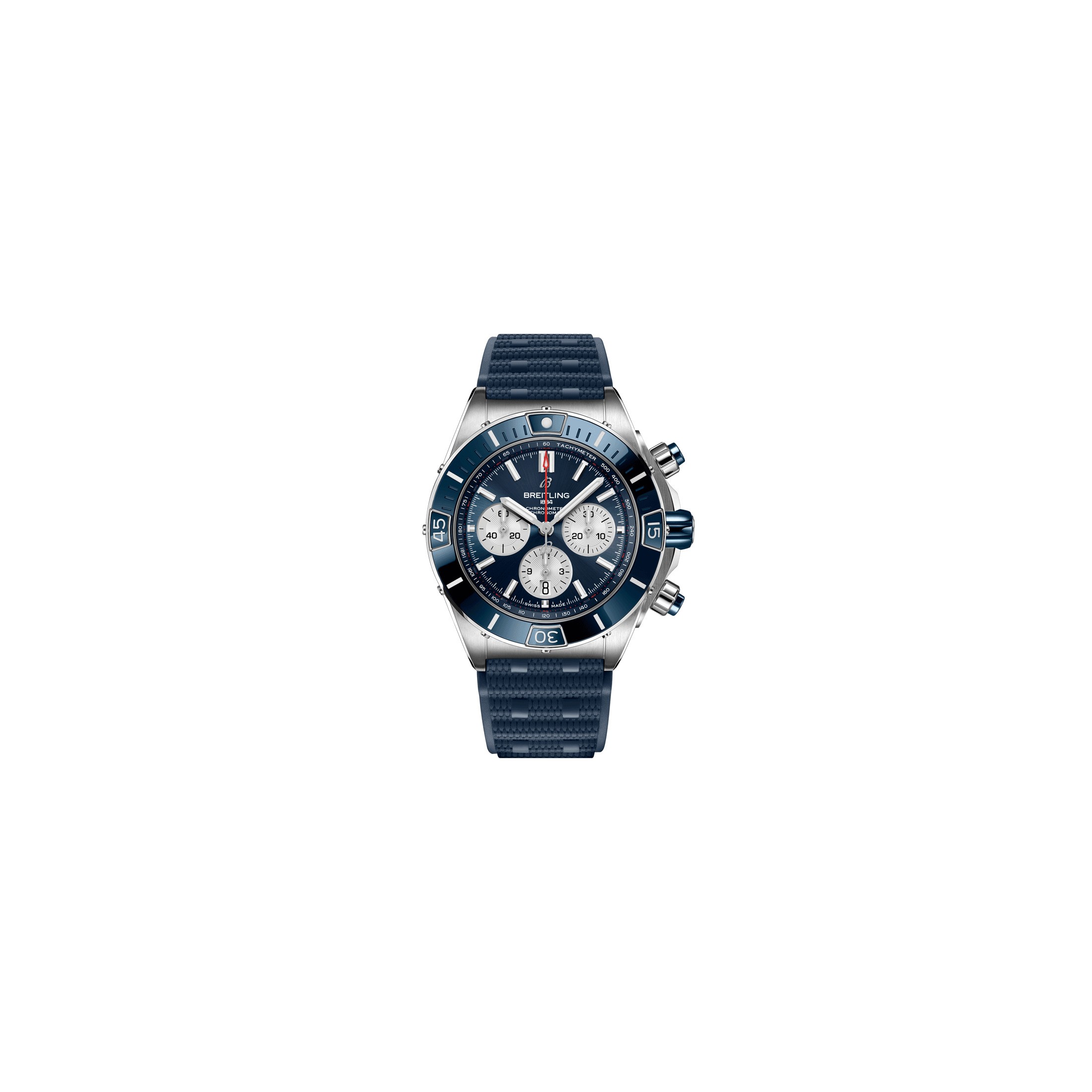 Montre Breitling Super Chronomat B01 automatique cadran bleu bracelet caoutchouc bleu 44 mm