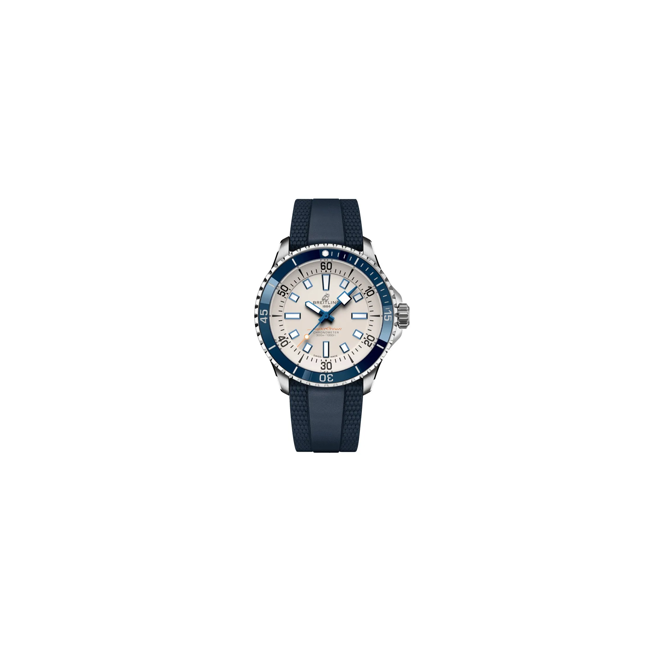 Montre Breitling Superocean automatique cadran argent bracelet caoutchouc bleu 42 mm