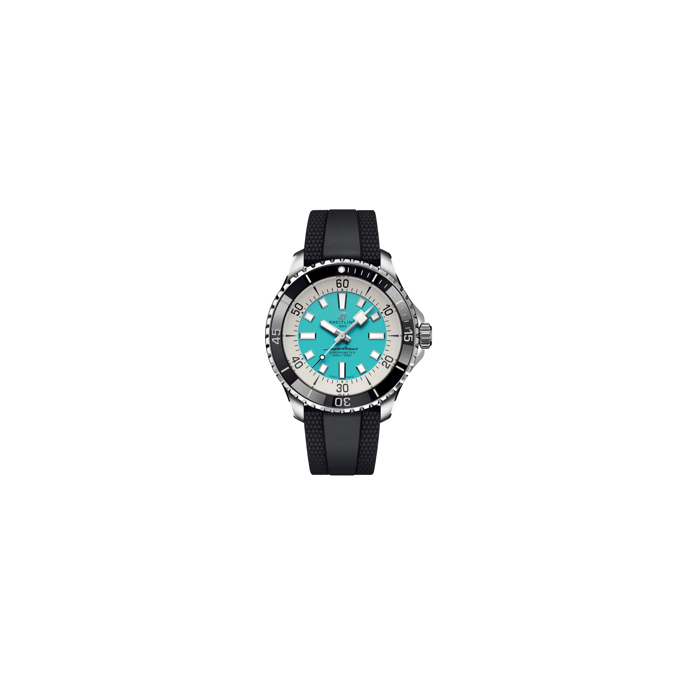 Montre Breitling Superocean automatique cadran turquoise bracelet caoutchouc noir 44 mm