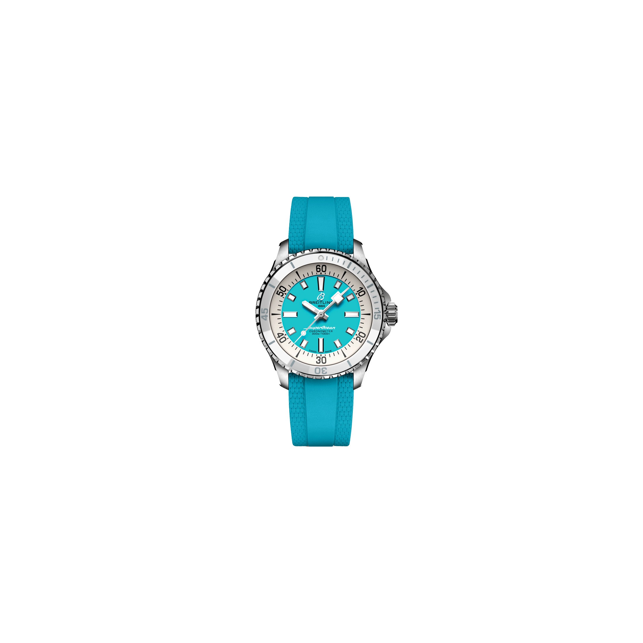 Montre Breitling Superocean automatique cadran turquoise bracelet caoutchouc turquoise 36 mm