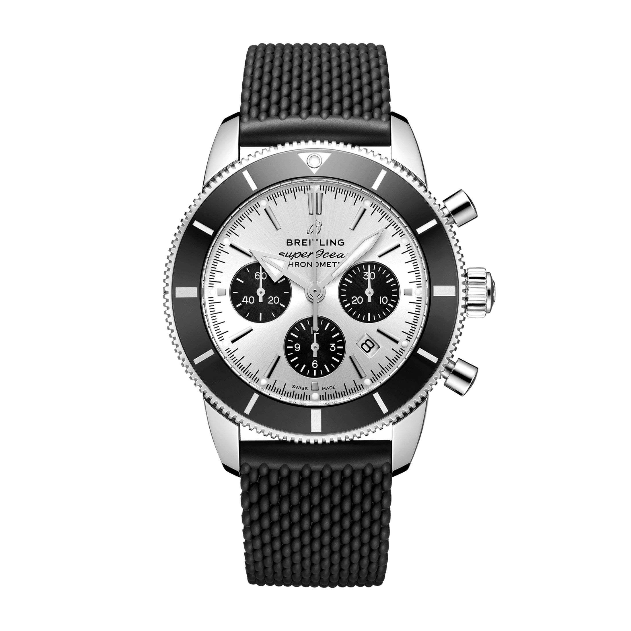 Montre Breitling Superocean Heritage II B01 chronograph automatique cadran argenté bracelet caoutchouc noir 44 mm