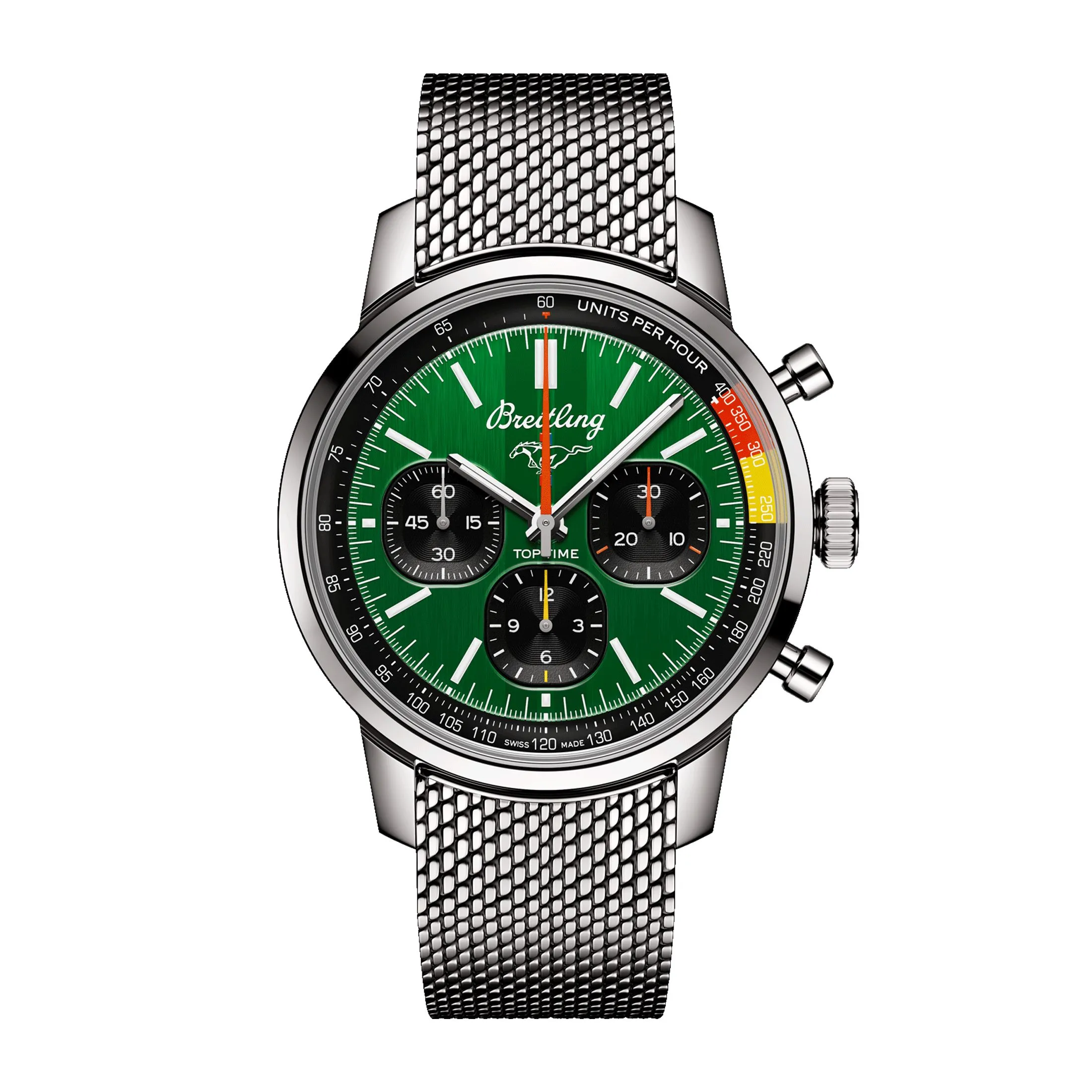 Montre Breitling Top Time B01 Ford Mustang automatique cadran vert bracelet acier maille milanaise 41 mm