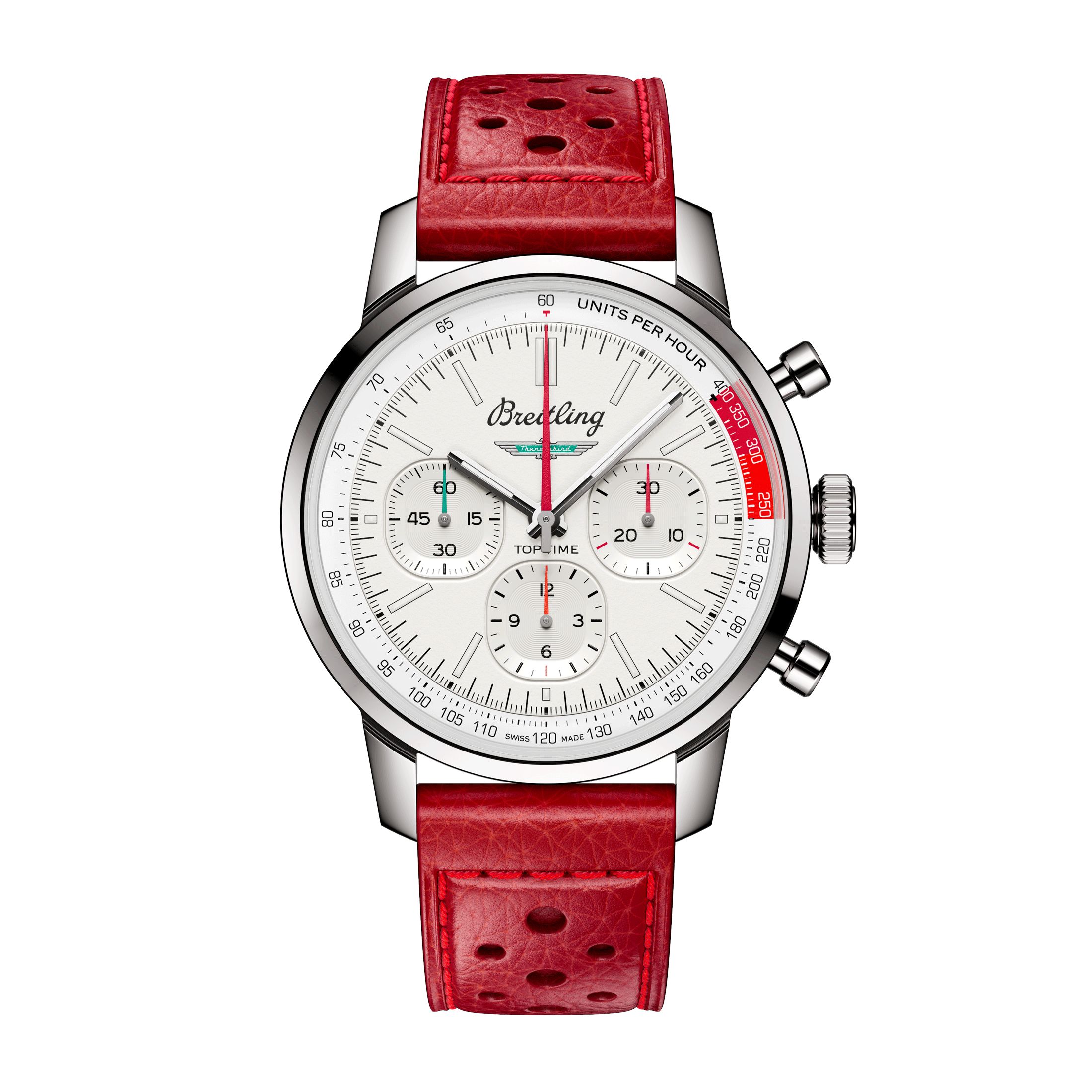 Montre Breitling Top Time B01 Ford Thunderbird automatique cadran blanc bracelet cuir rouge 41 mm