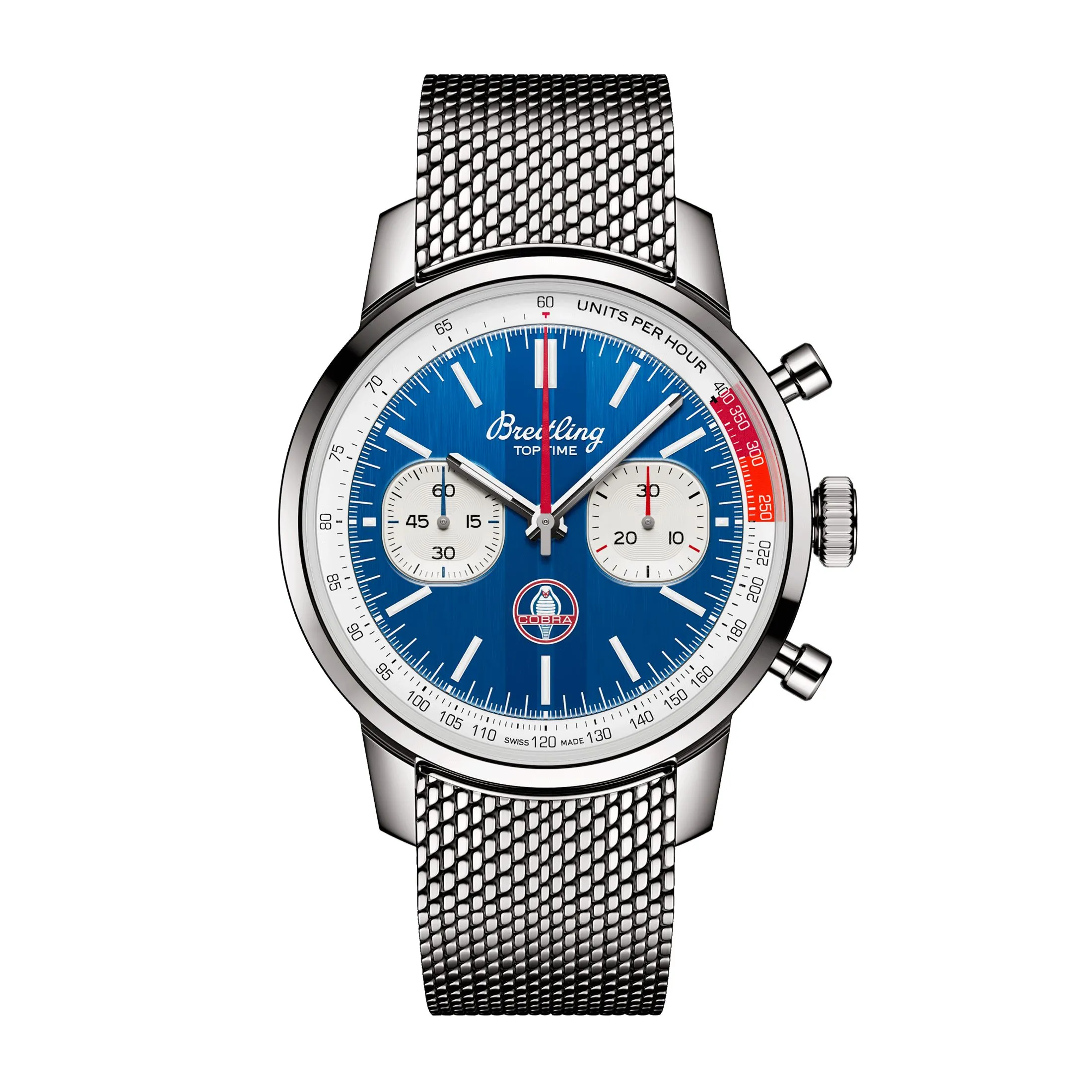 Montre Breitling Top Time B01 Shelby Cobra automatique cadran bleu bracelet acier maille milanaise 41 mm