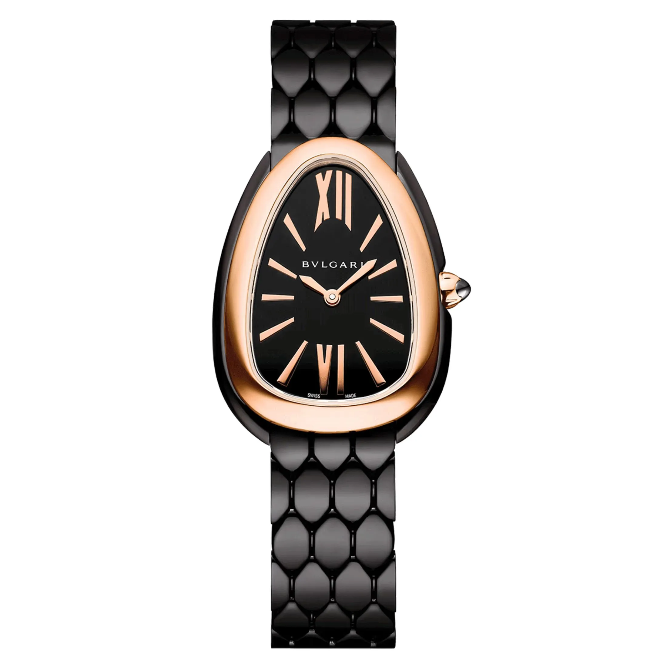 Montre Bulgari Serpenti Seduttori quartz lunette or rose cadran noir bracelet acier DLC noir 33 mm