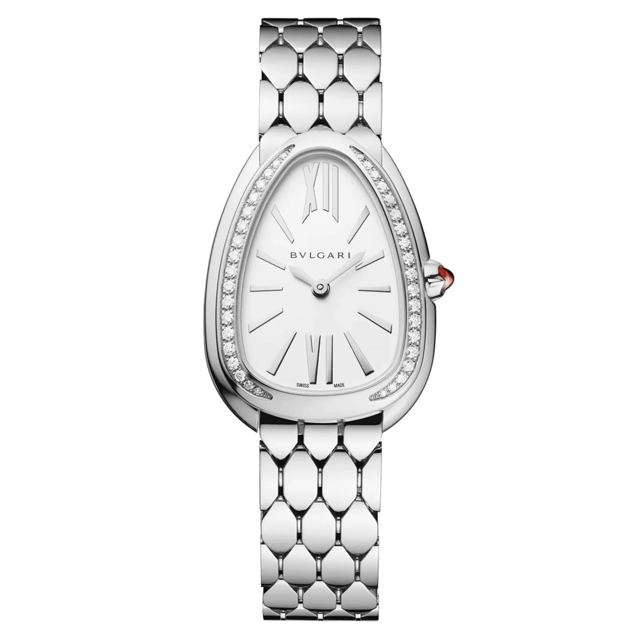 Montre Bulgari Serpenti Seduttori quartz lunette sertie cadran blanc bracelet acier 33 mm