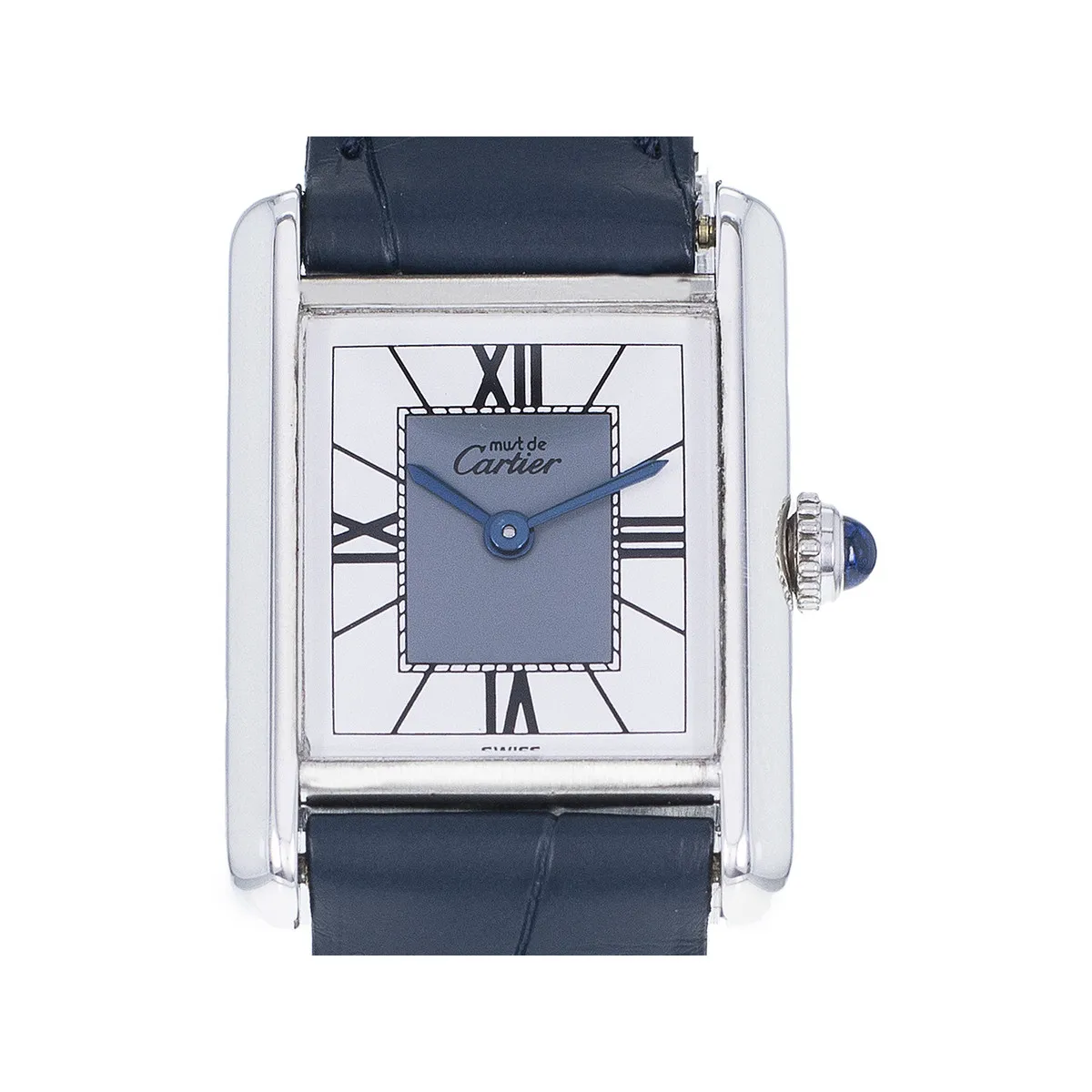 Montre Cartier Must femme quartz argent 925 bracelet cuir bleu