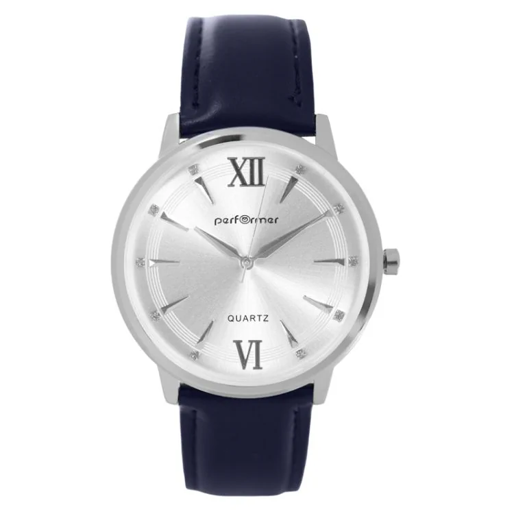 Montre Classique Performer Homme Simili Cuir Bleu Lisse Boitier Argenté Strass