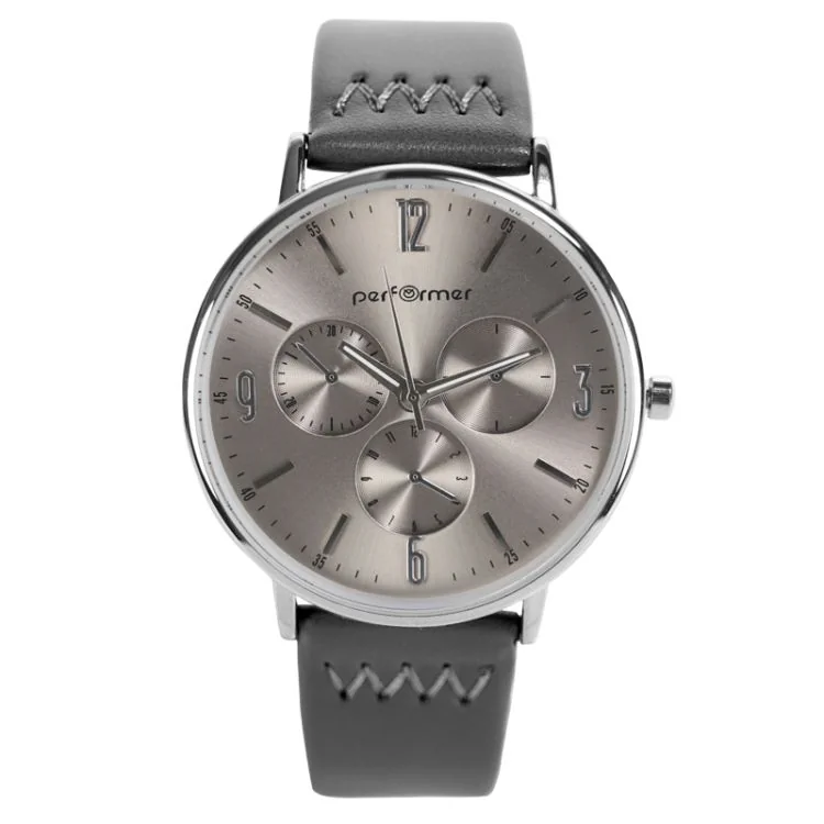 Montre Classique Performer Homme Simili Cuir Gris Lisse Cadran Chrono Factice