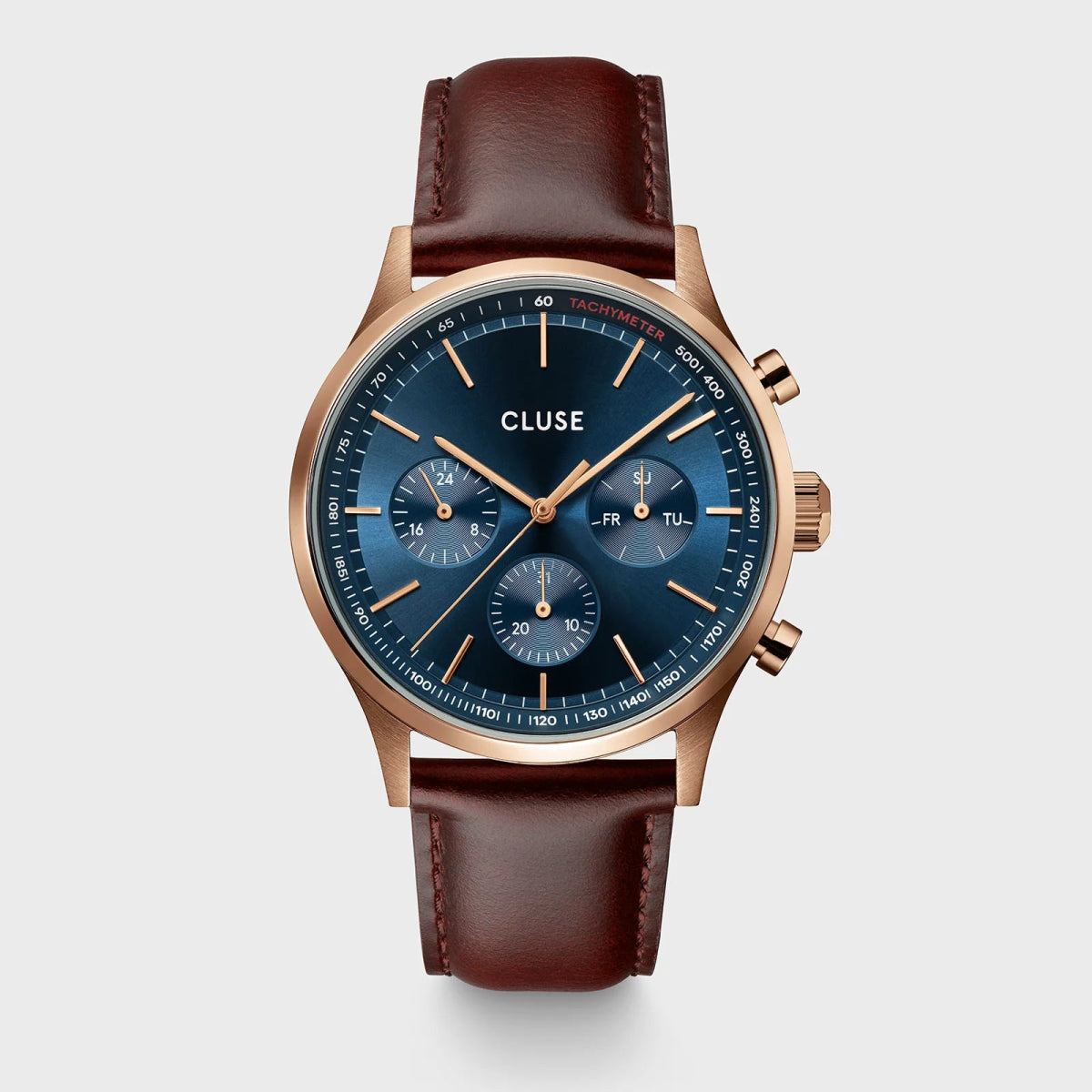 CLUSE Anthéor Multifunction Rosegold Blue Brown Leather Watch