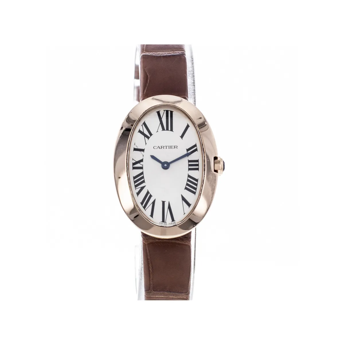 Montre d'occasion Cartier Baignoire femme or rose 750 bracelet cuir marron