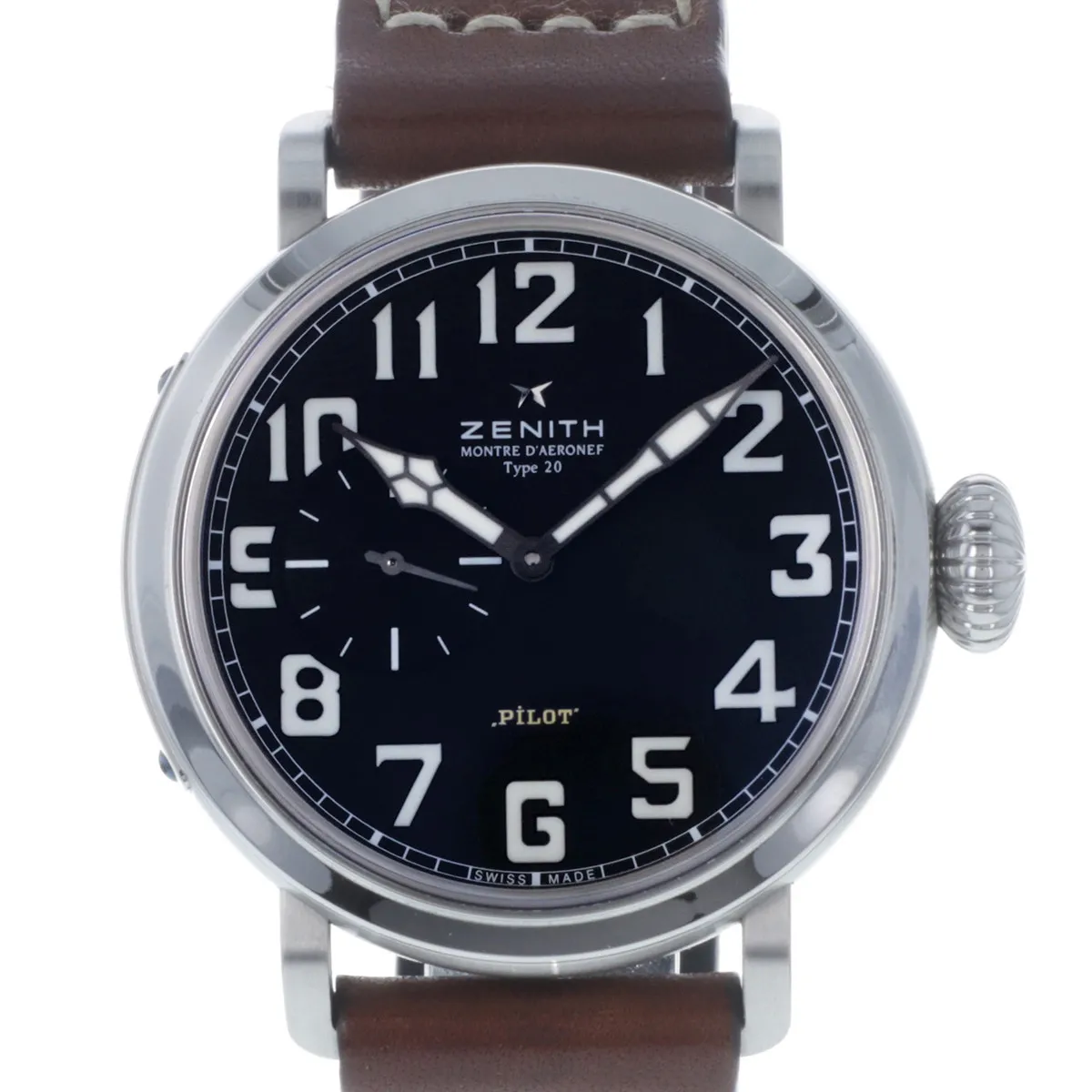 Montre d'occasion Zenith Pilot homme automatique acier bracelet cuir marron