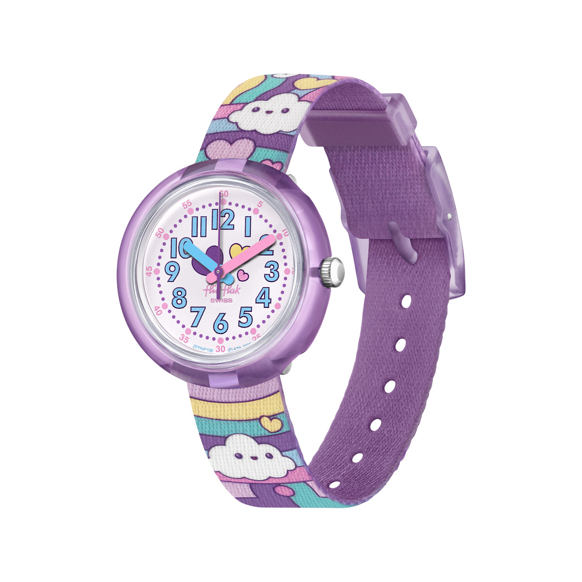 Montre Flik Flak Gameland Cloud level enfant plastique biosourcé bracelet PET recyclé violet