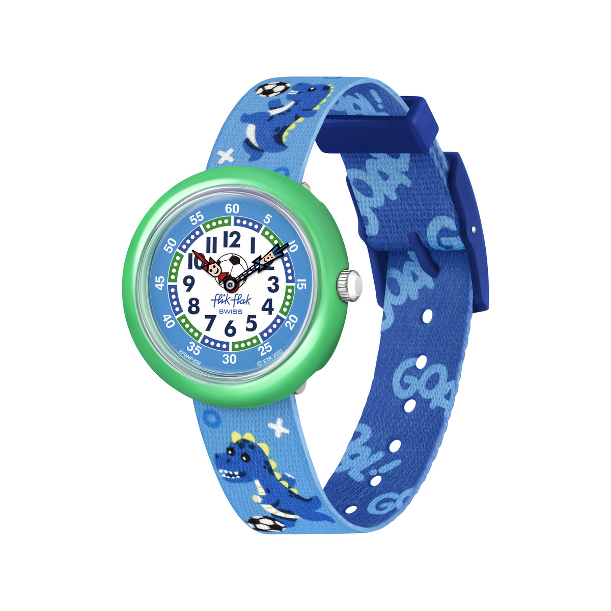 Montre Flik Flak Move your body enfant plastique biosourcé turquoise bracelet tissu recyclé bleu dinosaure