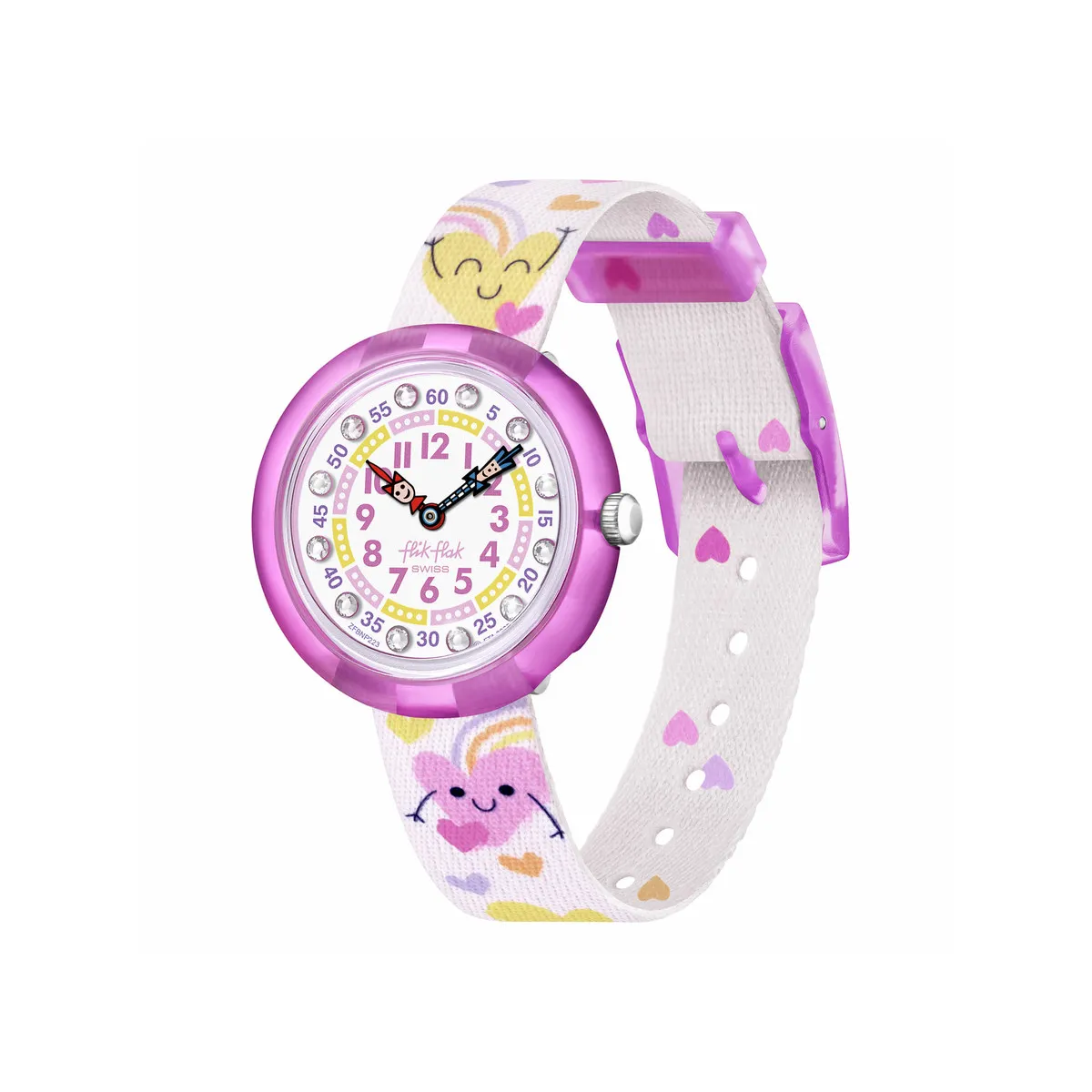 Montre Flik Flak Organized Chaos Bouncing Hearts enfant bracelet pet recycle blanc