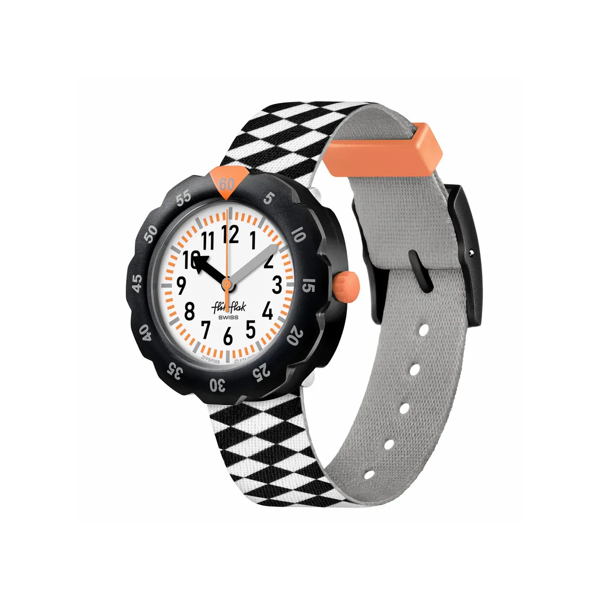 Montre Flik Flak Organized Chaos Race Flag enfant bracelet pet recyclé noir